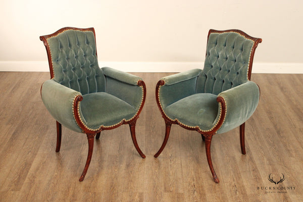 1940's French Style Pair of Mahogany Saber Leg Fireside Parlor Chairs