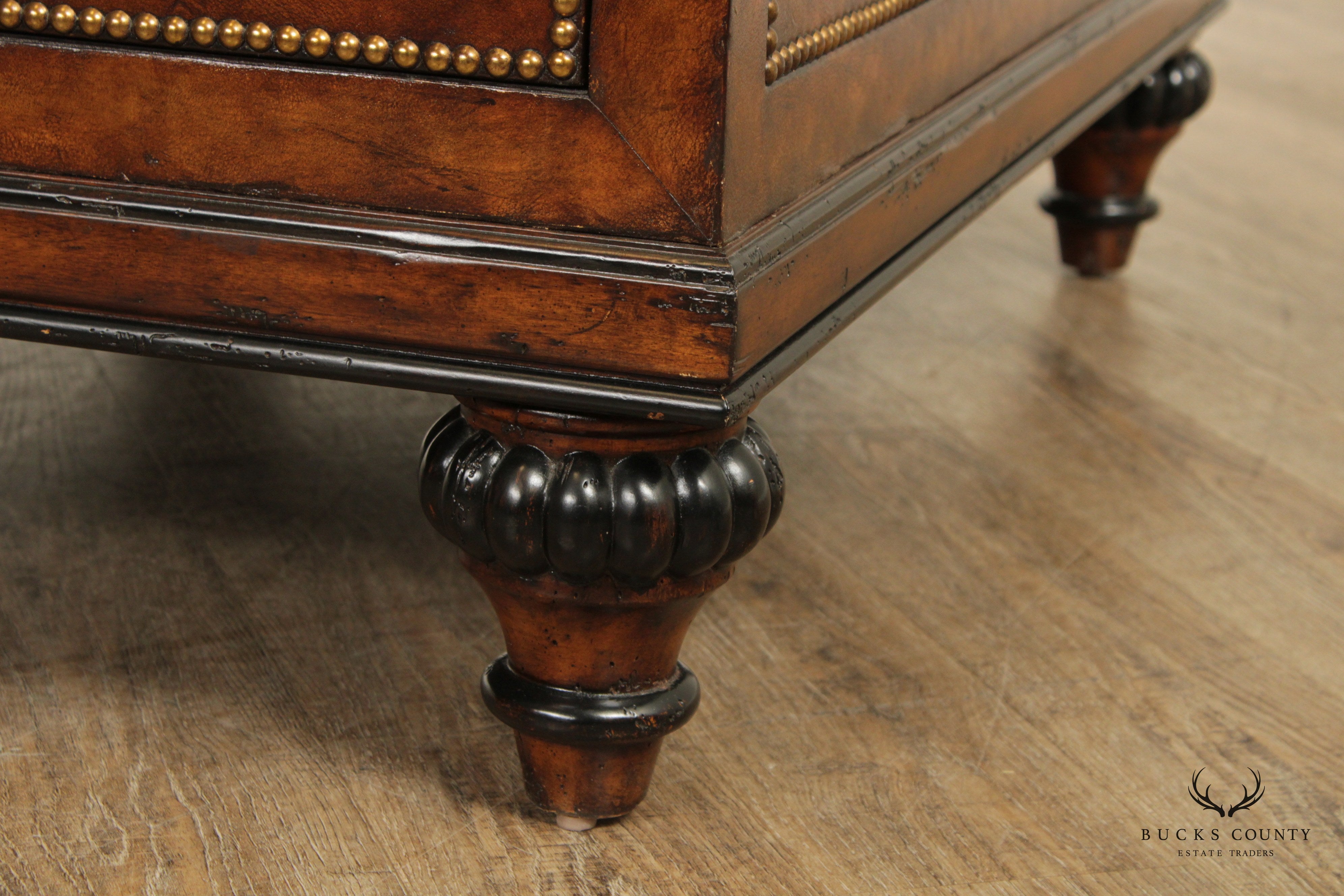 Marge Carson Campaign Style Leather Wrapped Nail Trim Coffee Table