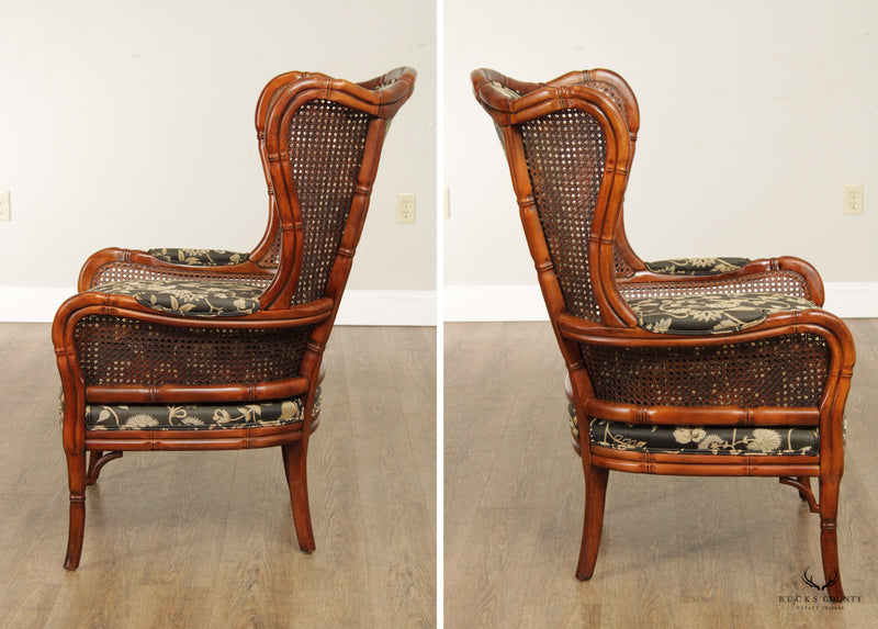 Ethan Allen Pair Faux Bamboo Carved Wingback Armchairs