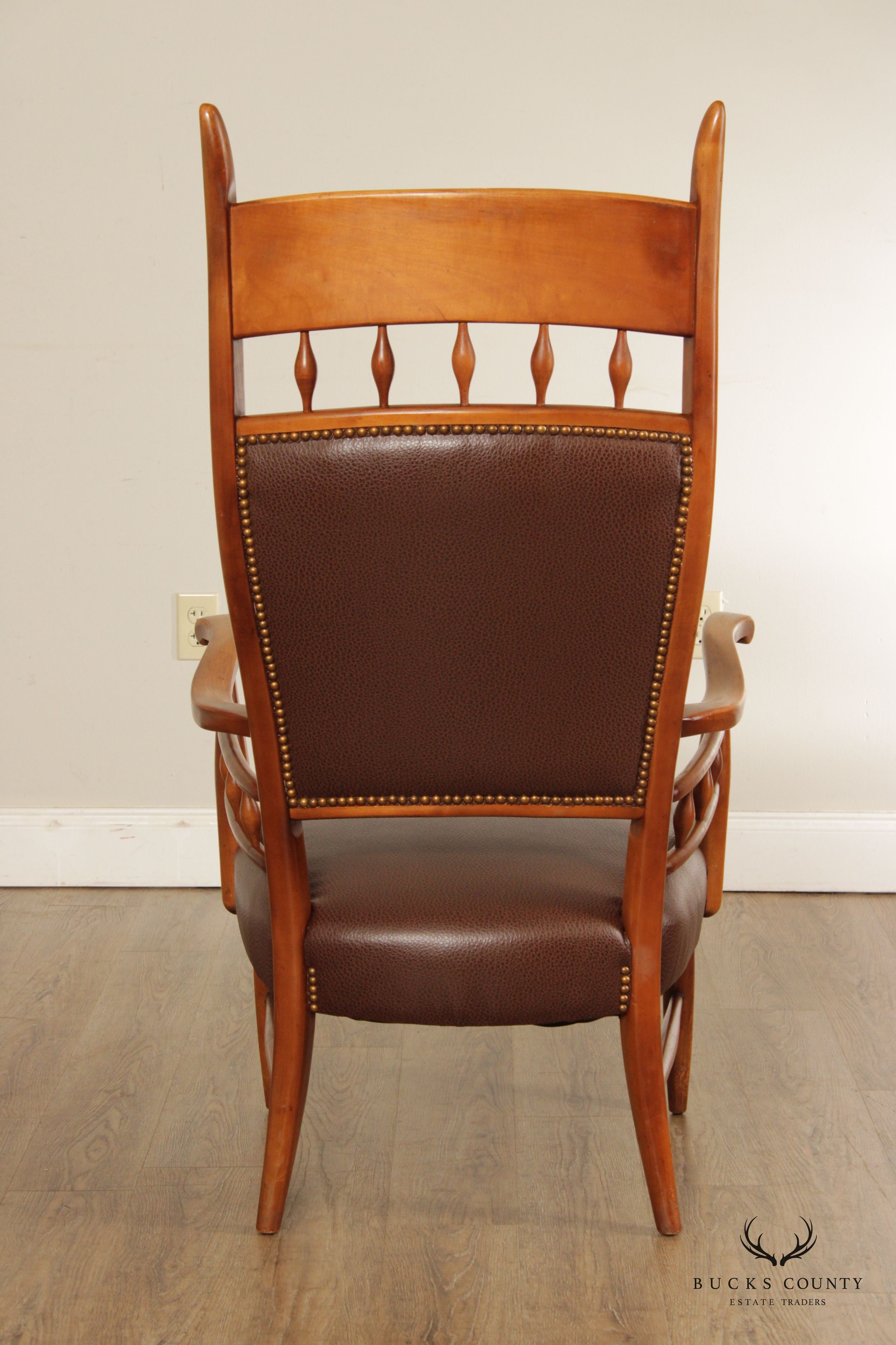 Mid Century Unusual High Back Sculpted Maple & Leather Arm Chair