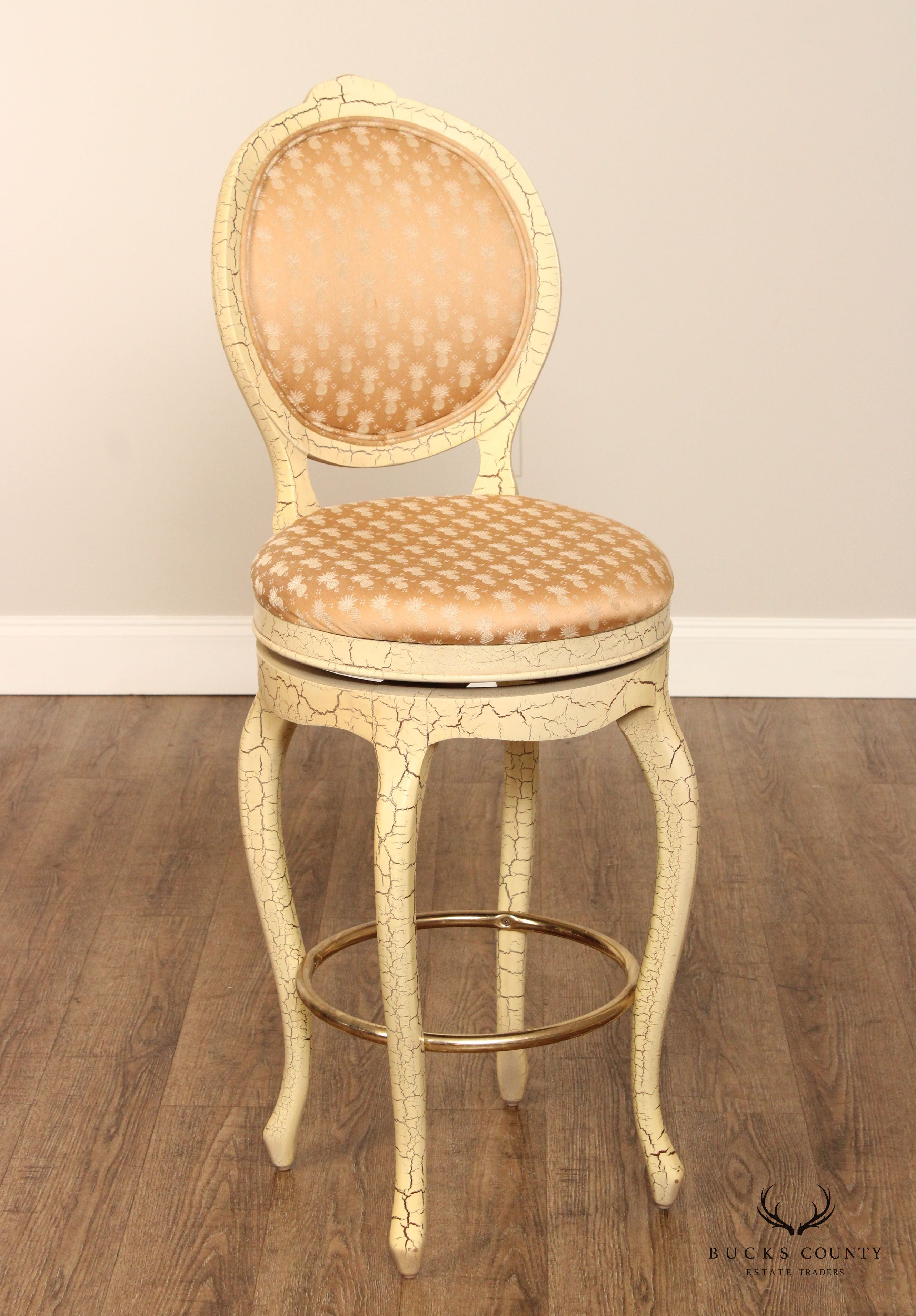 French Style Vintage Set Four Crackle Painted Bar Stools