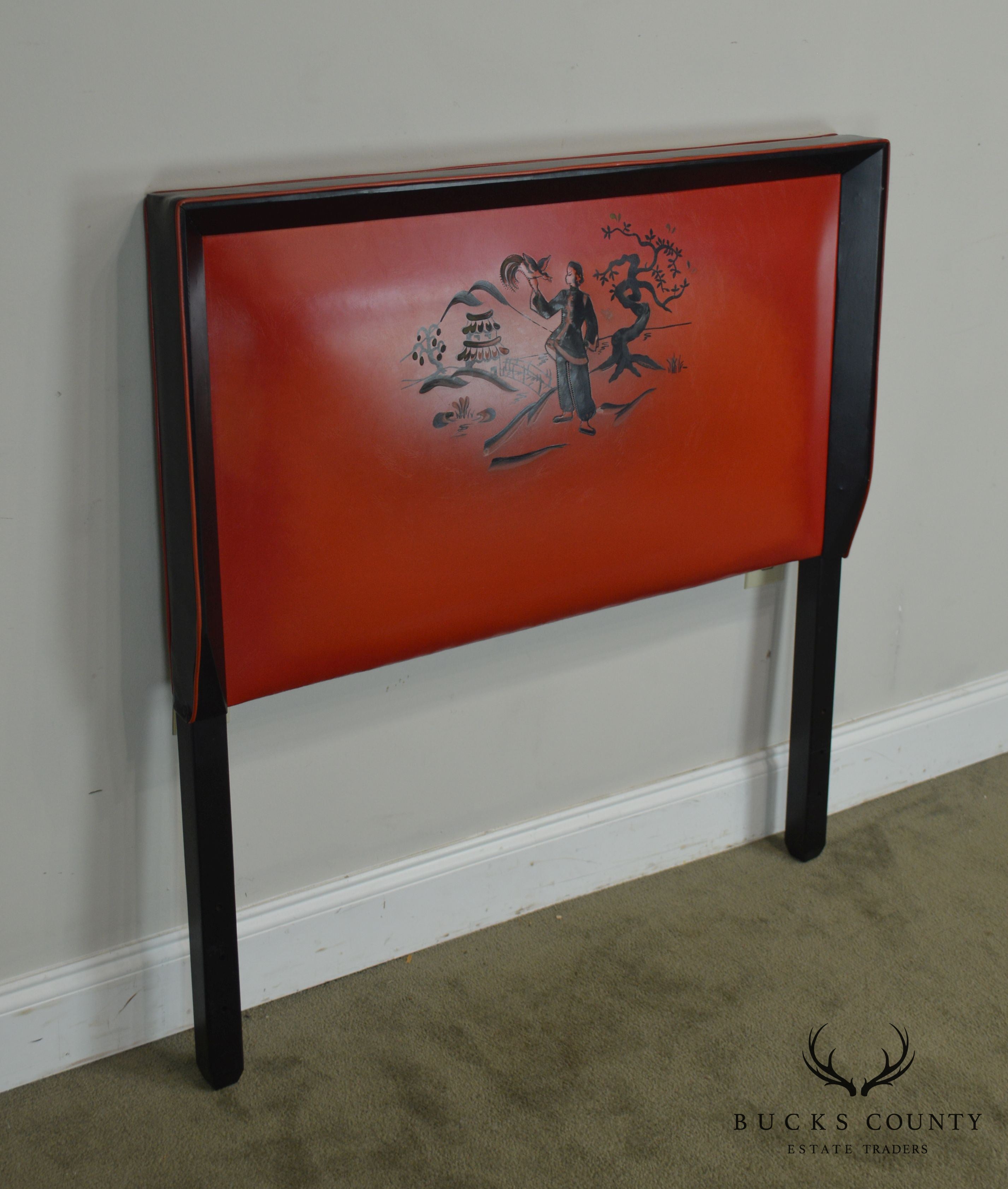 Mid Century Asian Influenced Red & Black Vinyl Twin Headboard