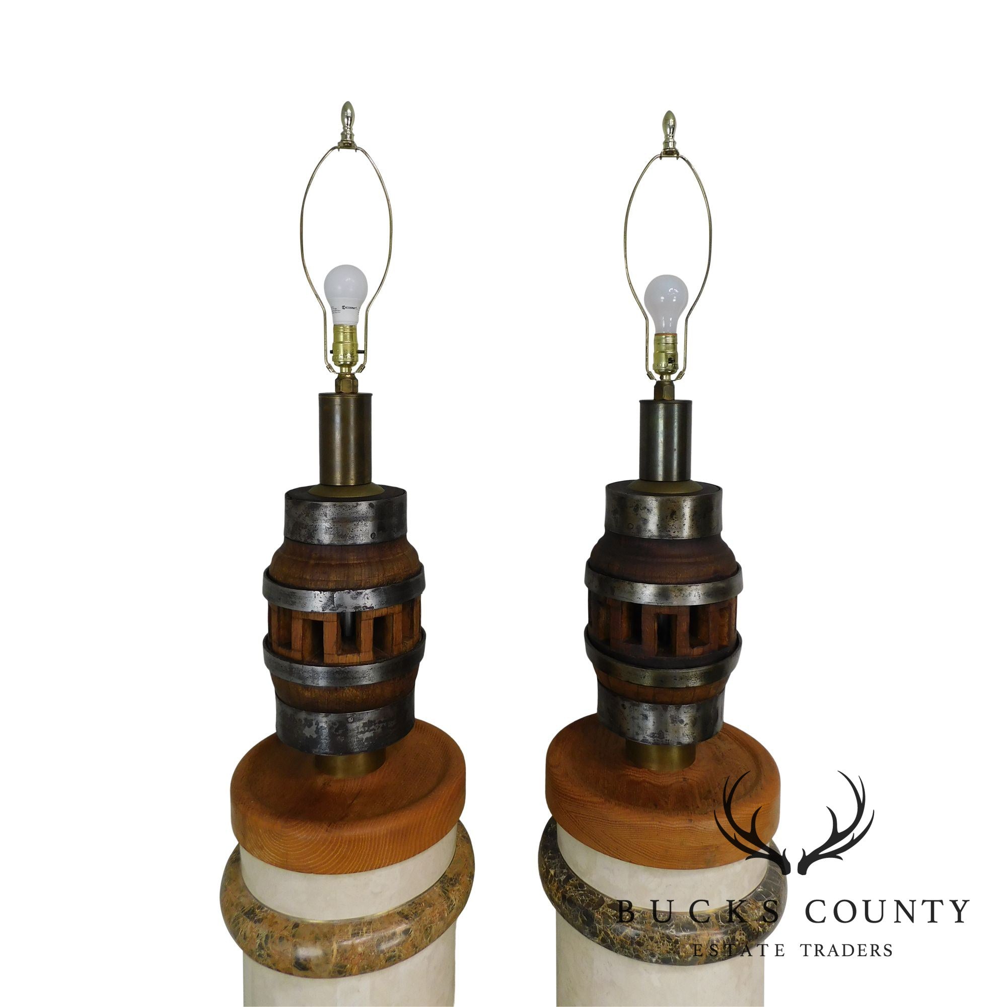 Heavy Wood and Steel Vintage Pair Barrel Table Lamps