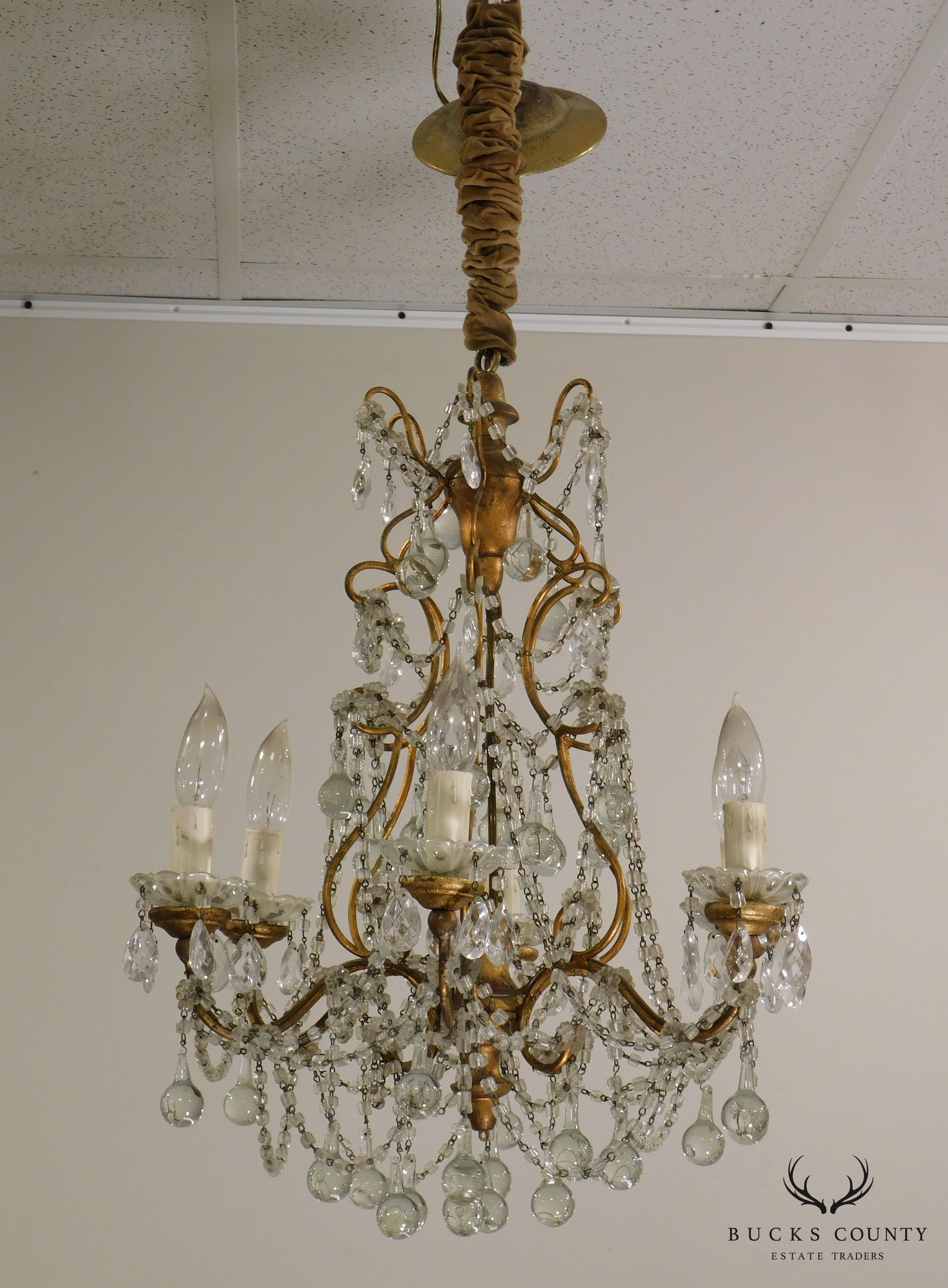 Vintage Italian Gilt Metal Chandelier with Teardrop Prisms