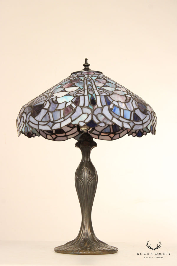 Art Nouveau Style Bronze Table Lamp with Art Glass Shade