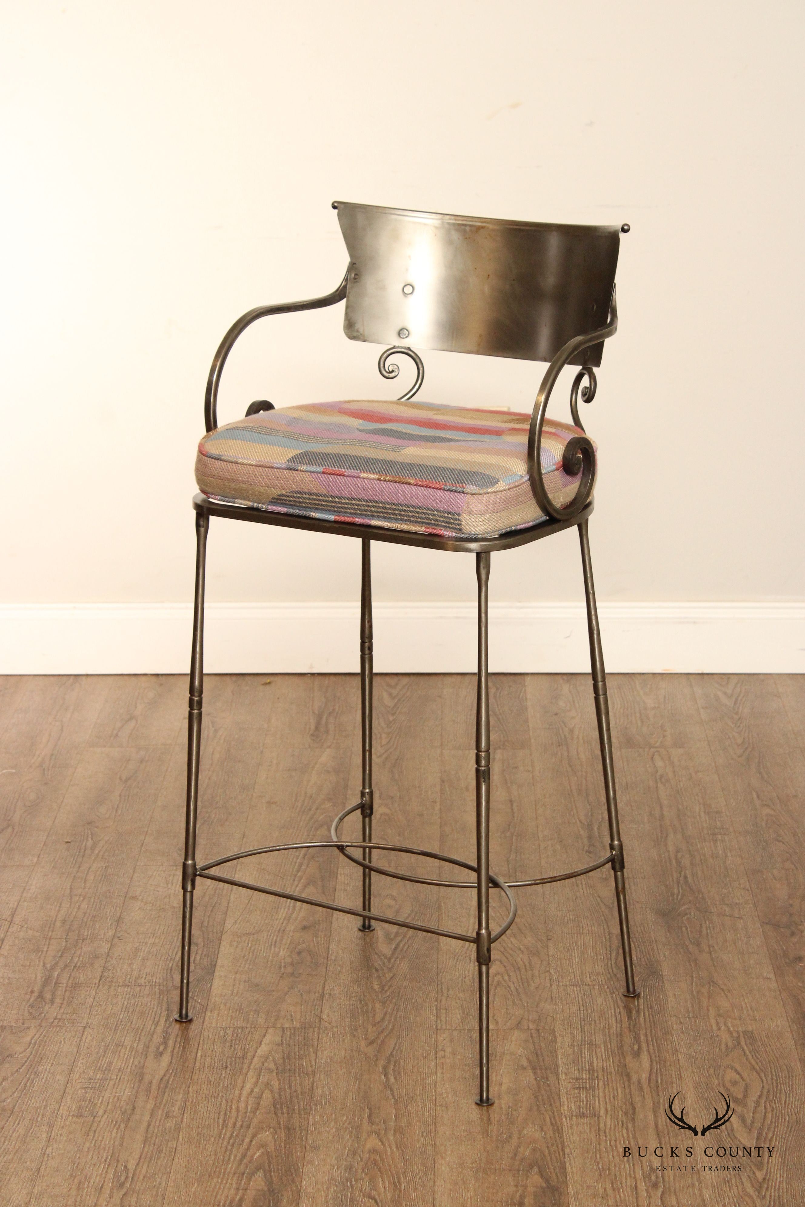 Italian Hollywood Regency Set of Three Steel Bar Stools