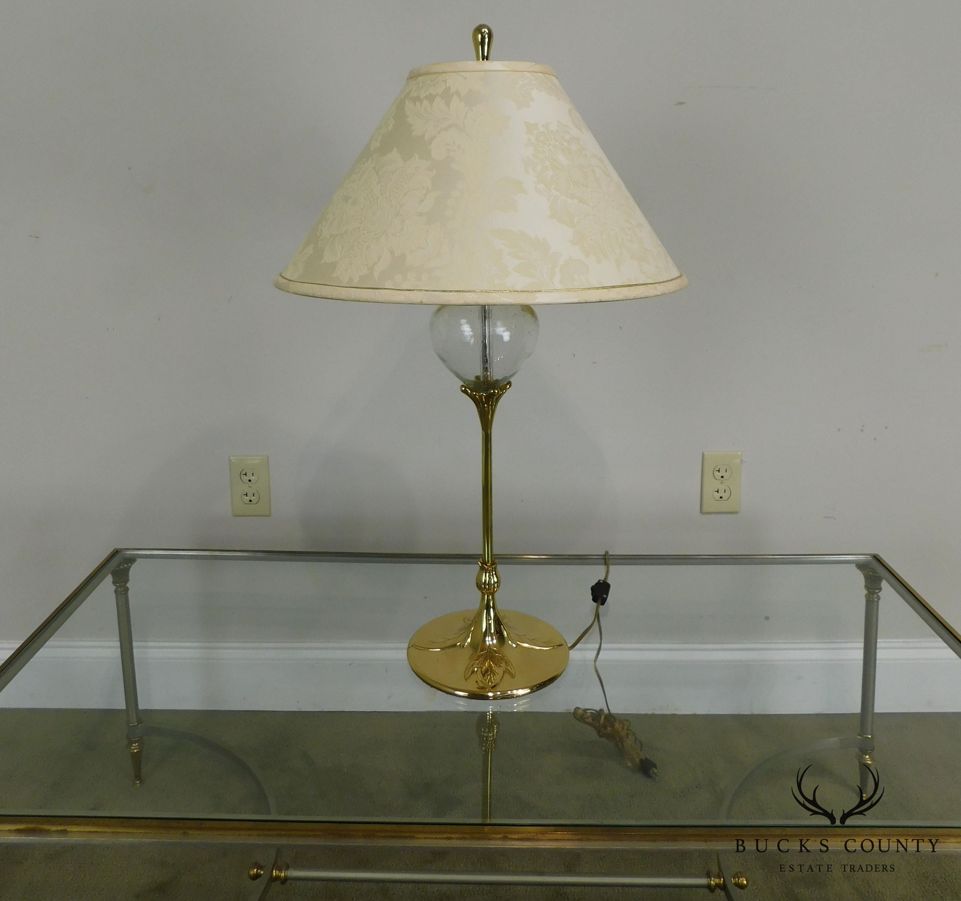 Vintage Pair of Quoizel Brass and Glass Foliate Table Lamps W/Shades