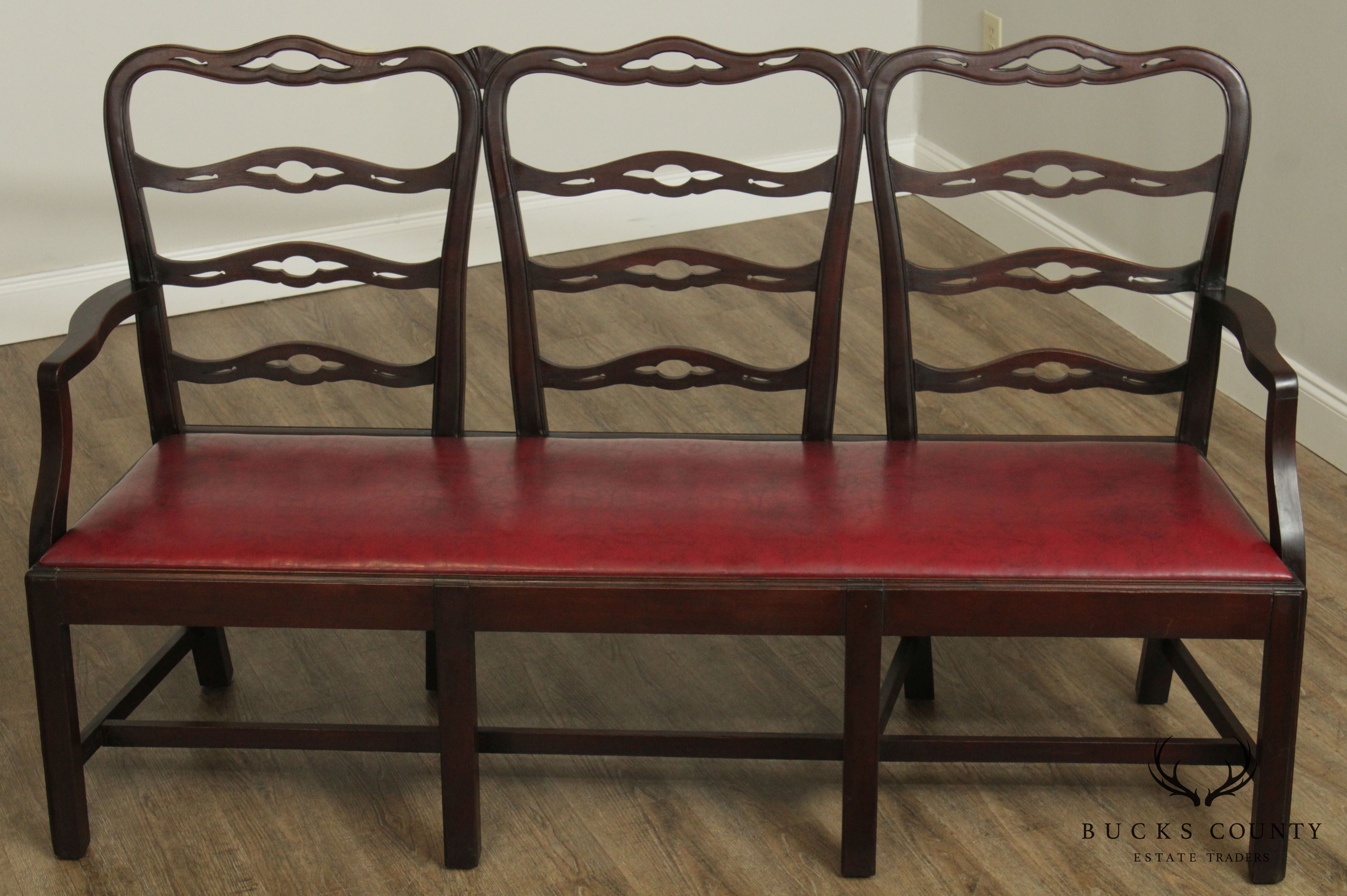 Chippendale Style Vintage Custom Mahogany Triple Ladder Back Settee