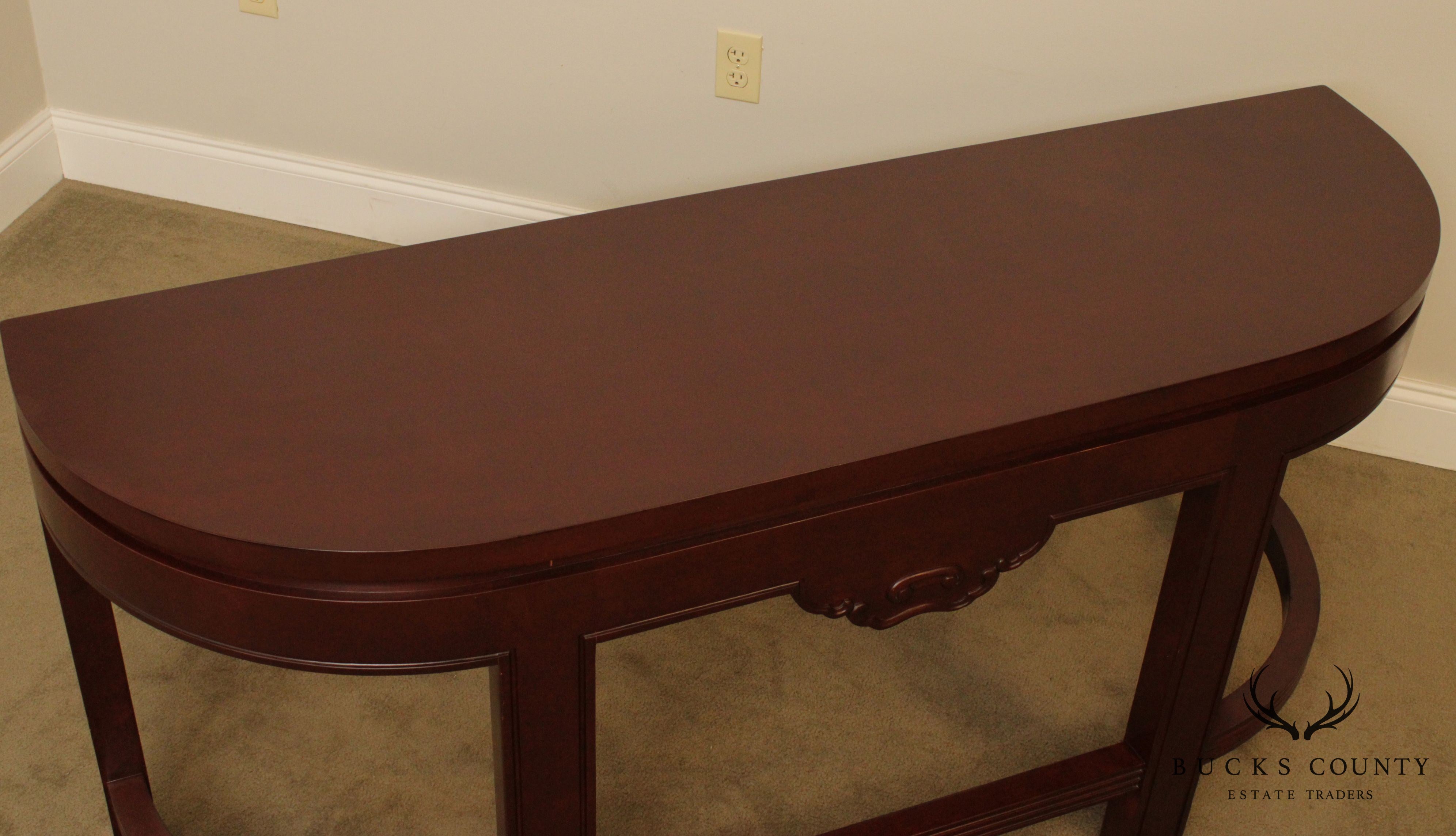 Asian Influenced Mahogany 60 inch Demilune Console Table