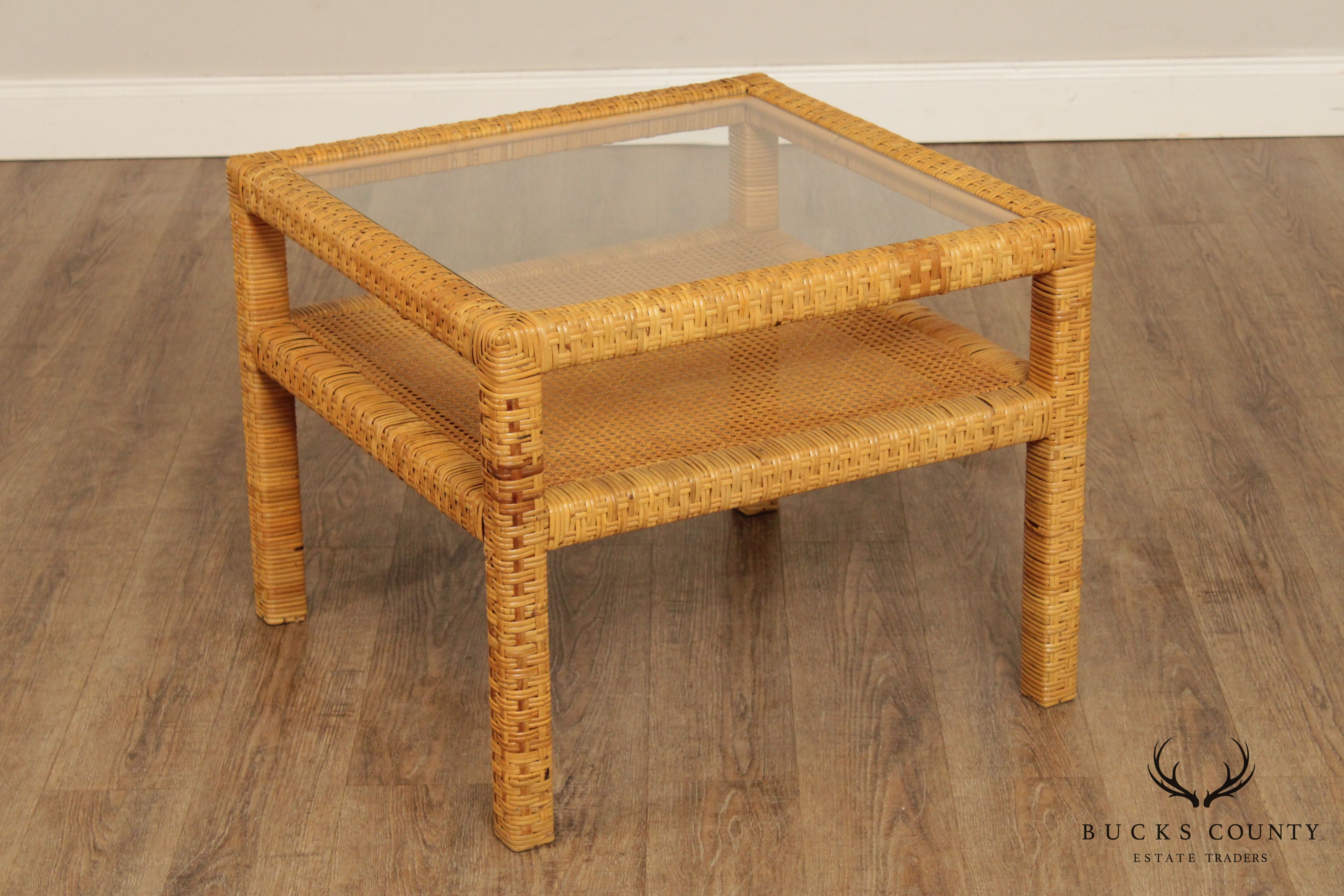 Vintage Wicker Rattan Square End Table with Glass Top