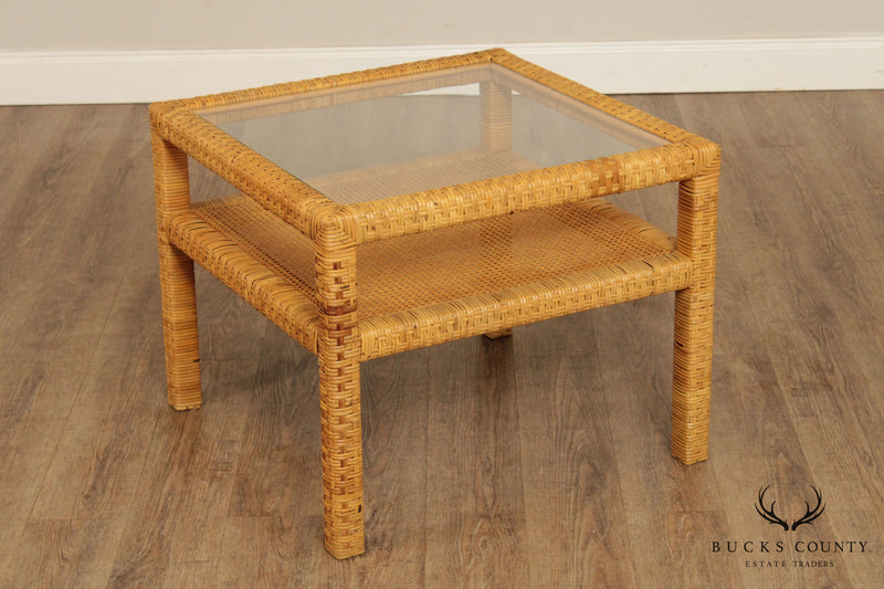 Vintage Wicker Rattan Square End Table with Glass Top
