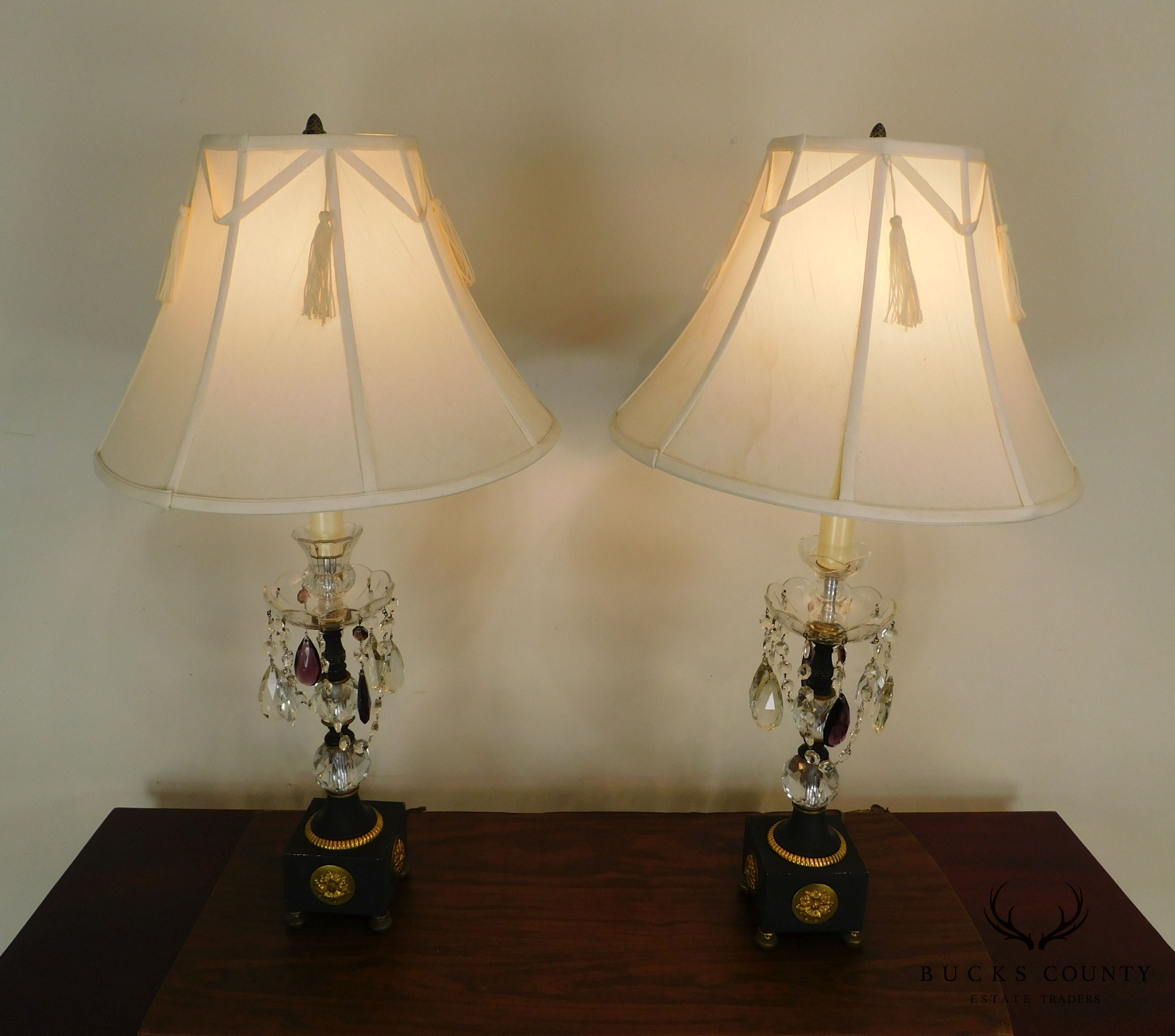 Pair French Empire Table Lamps with Fabric Shades, Turned Stems with Faceted Crystal Balls