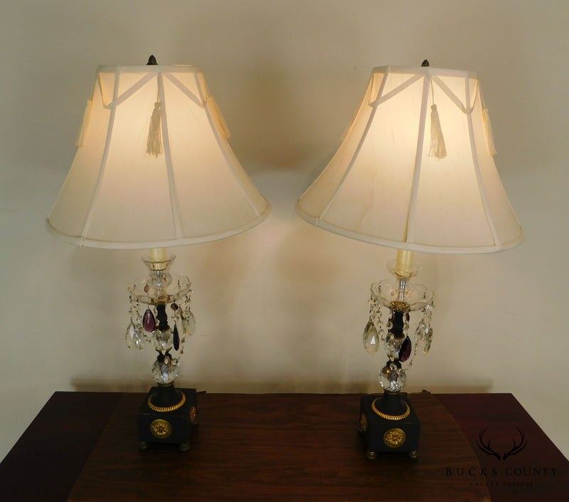 Pair French Empire Table Lamps with Fabric Shades, Turned Stems with Faceted Crystal Balls