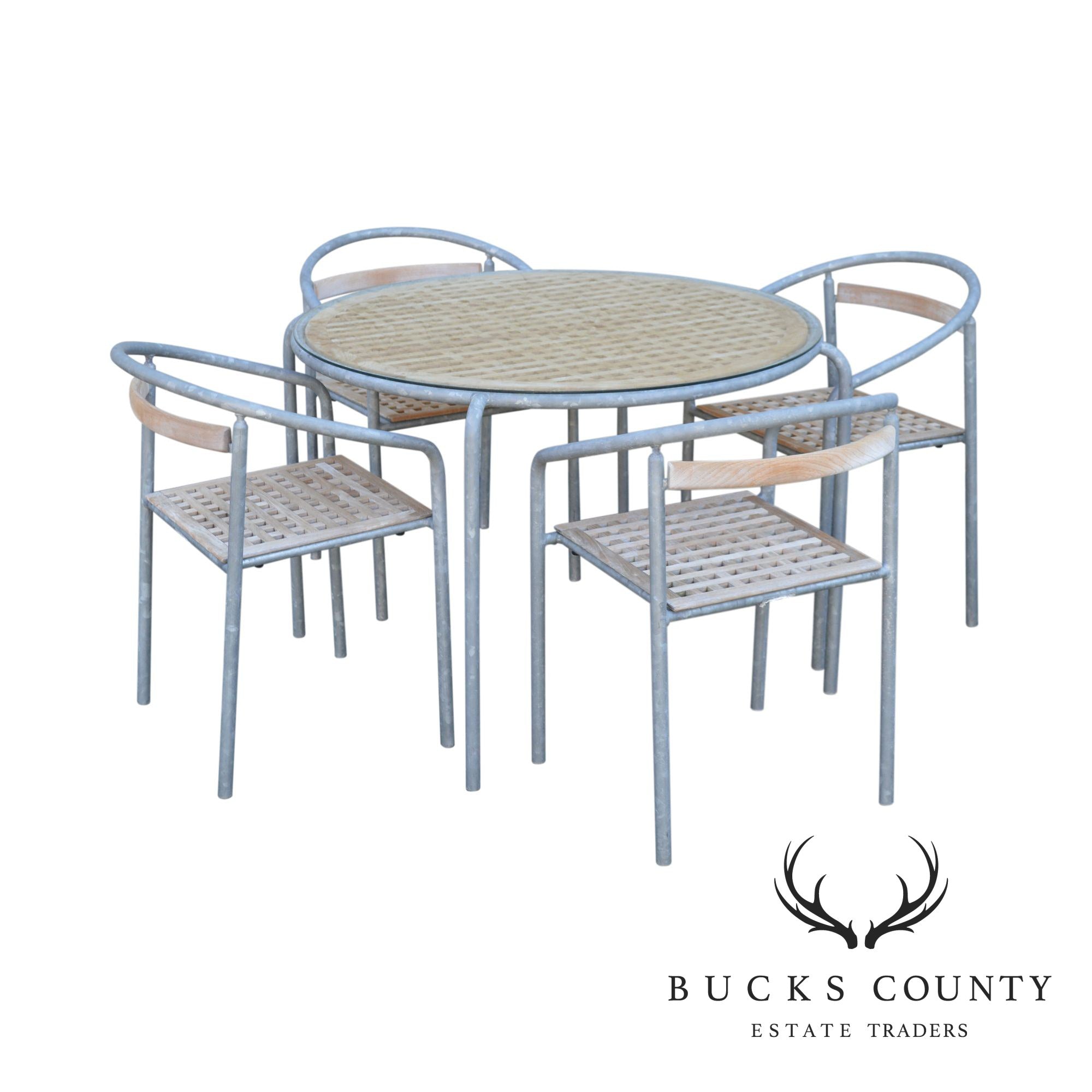 Soho Contract Group Teak and Galvanized Steel Round Patio Table + 4 Chairs Dining Set (A)