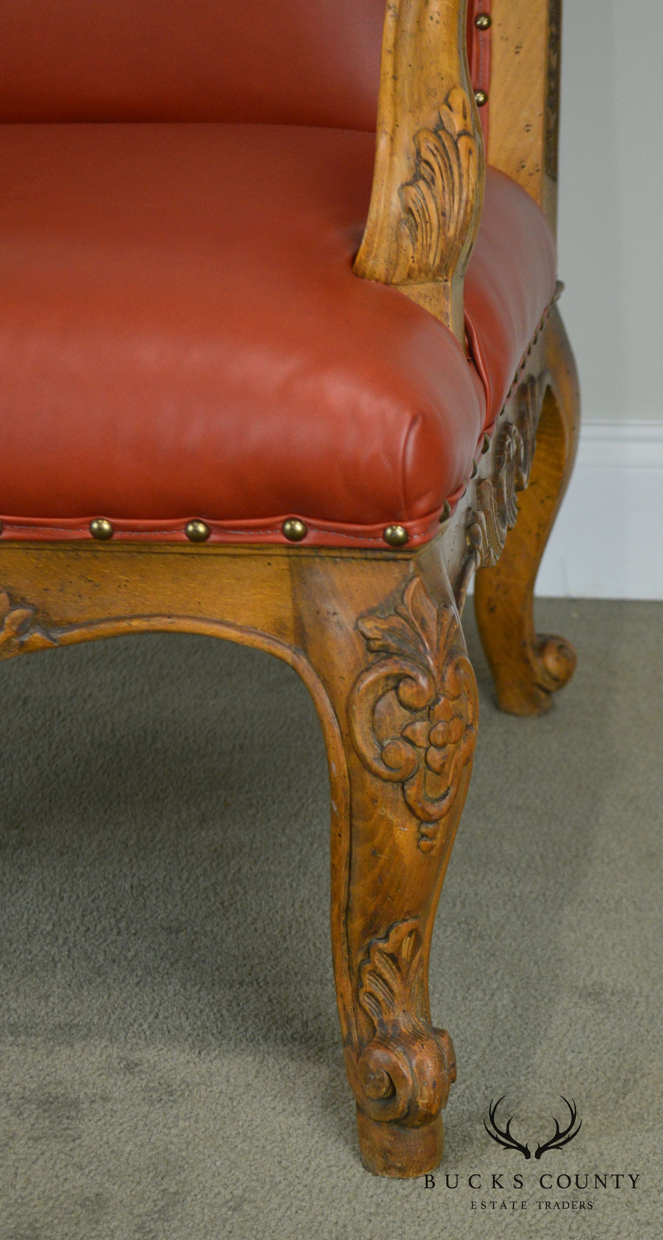 Baker Vintage French Louis XV Style Large Leather Fautevil Arm Chair