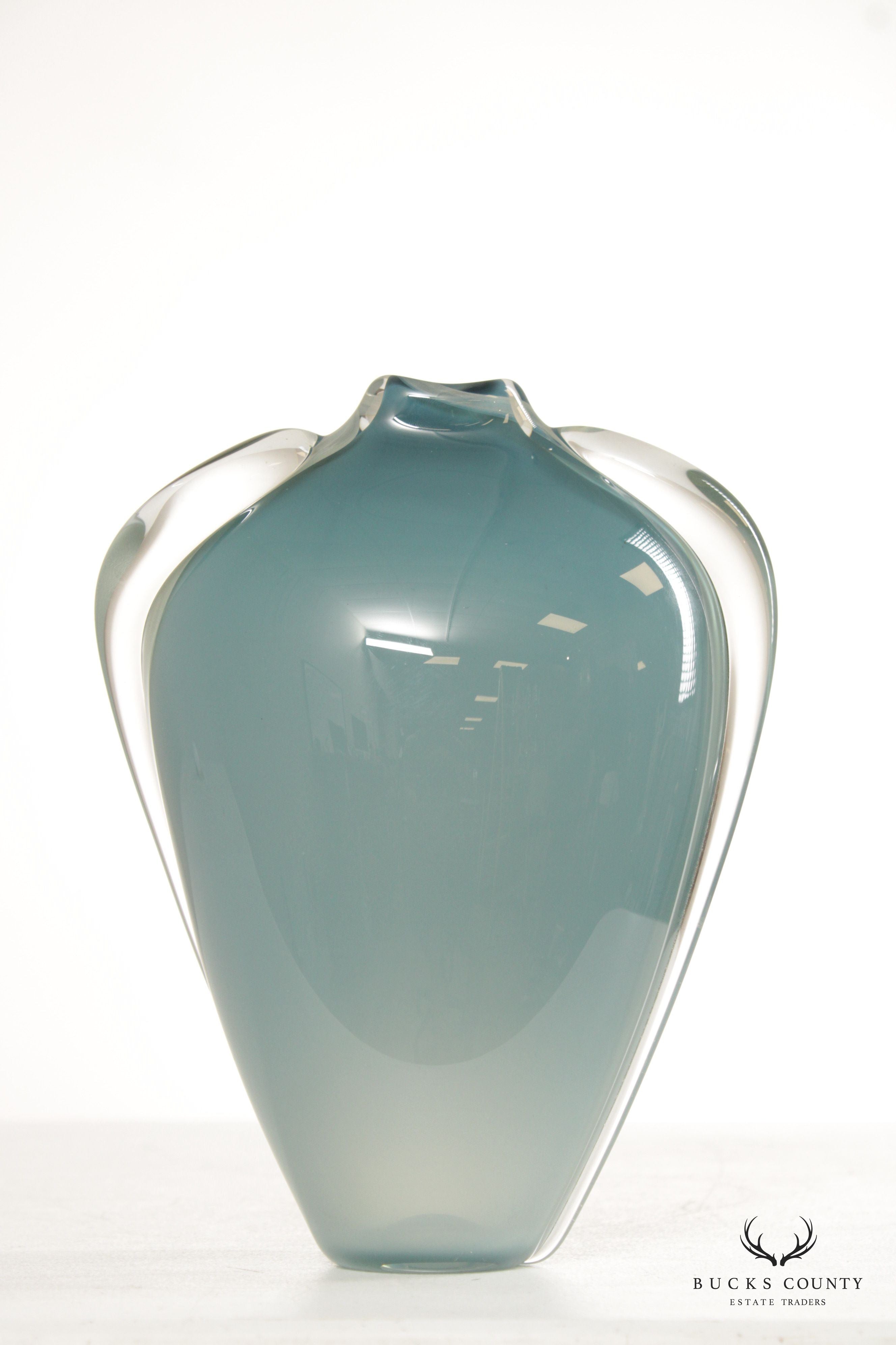 Thomas Buechner Blue Vitrix Blown Art Glass Vase, Signed