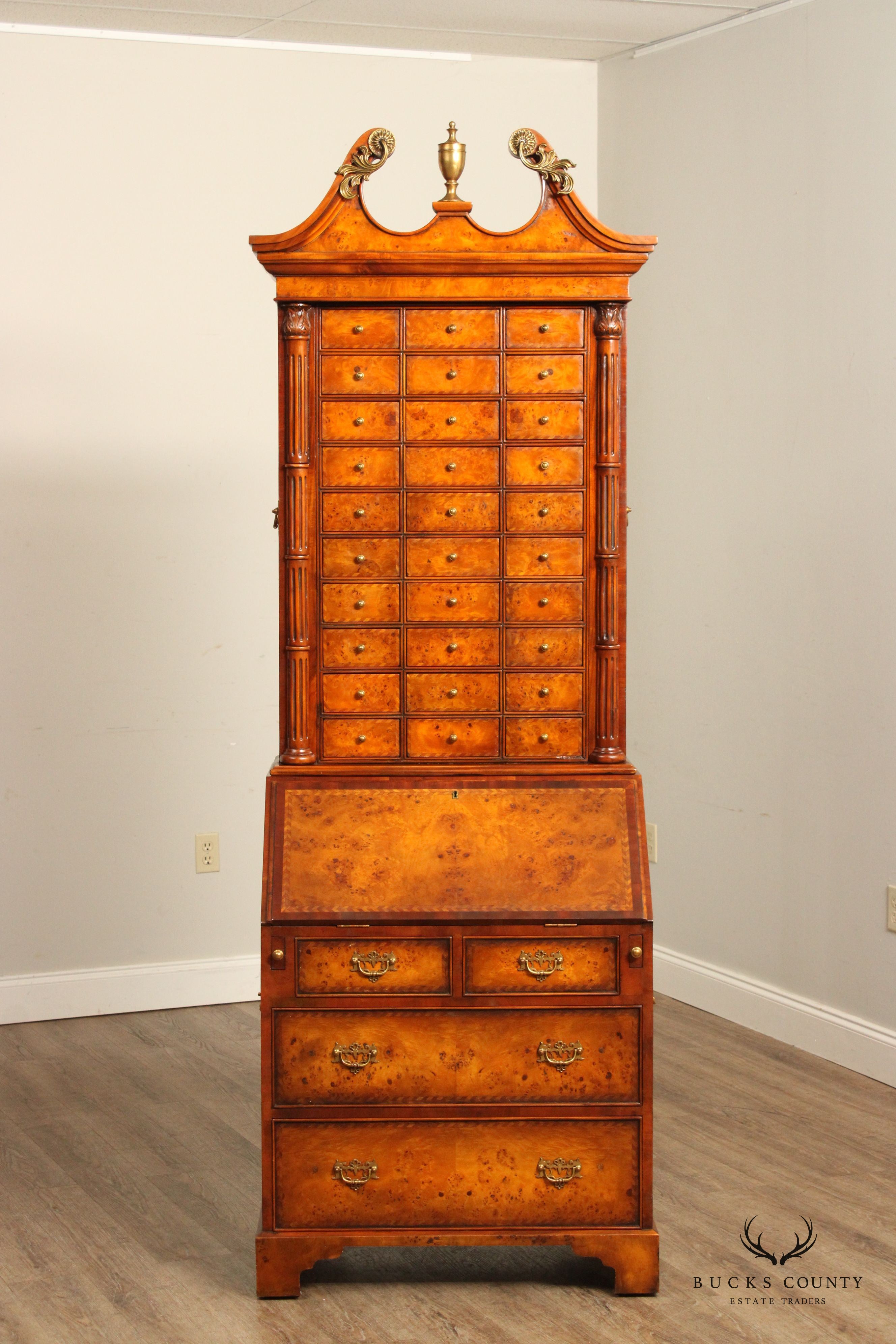 Theodore Alexander Chippendale Style Burl Wood Inlaid Secretary Desk