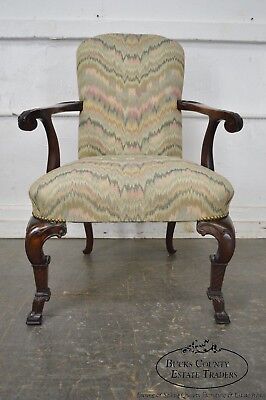 1940s Georgian Style Carved Mahogany Flame Stitch Library Arm Chair