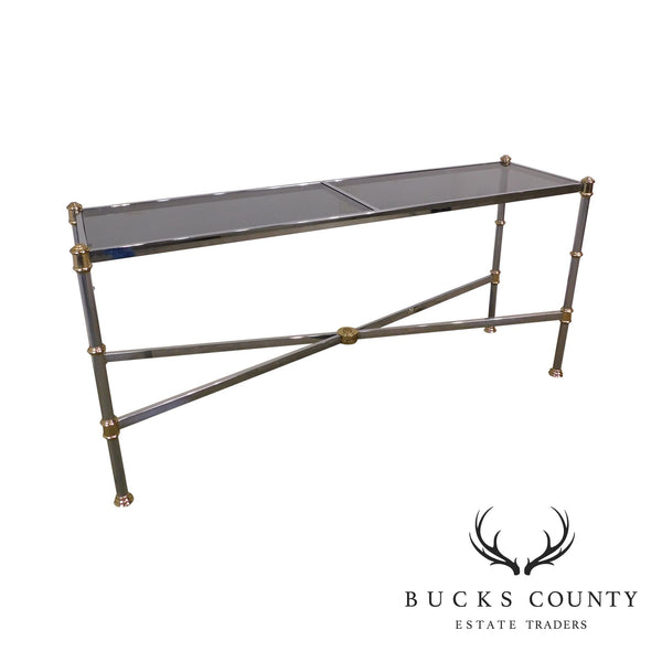 Directoire Style Smoked Glass Chrome and Brass Console Table