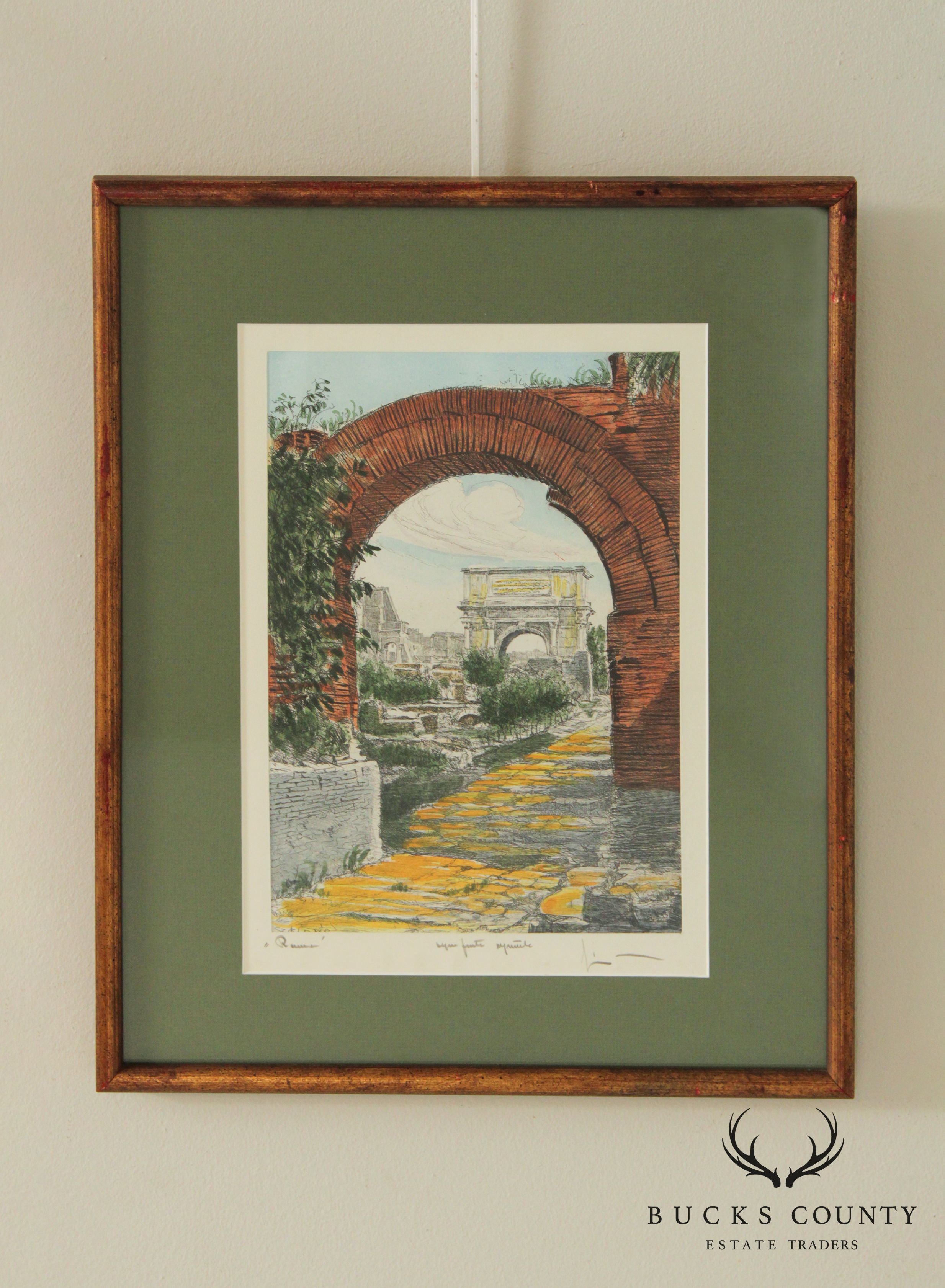 Sziklay Bela Italian Roman Ruins Colored Etching