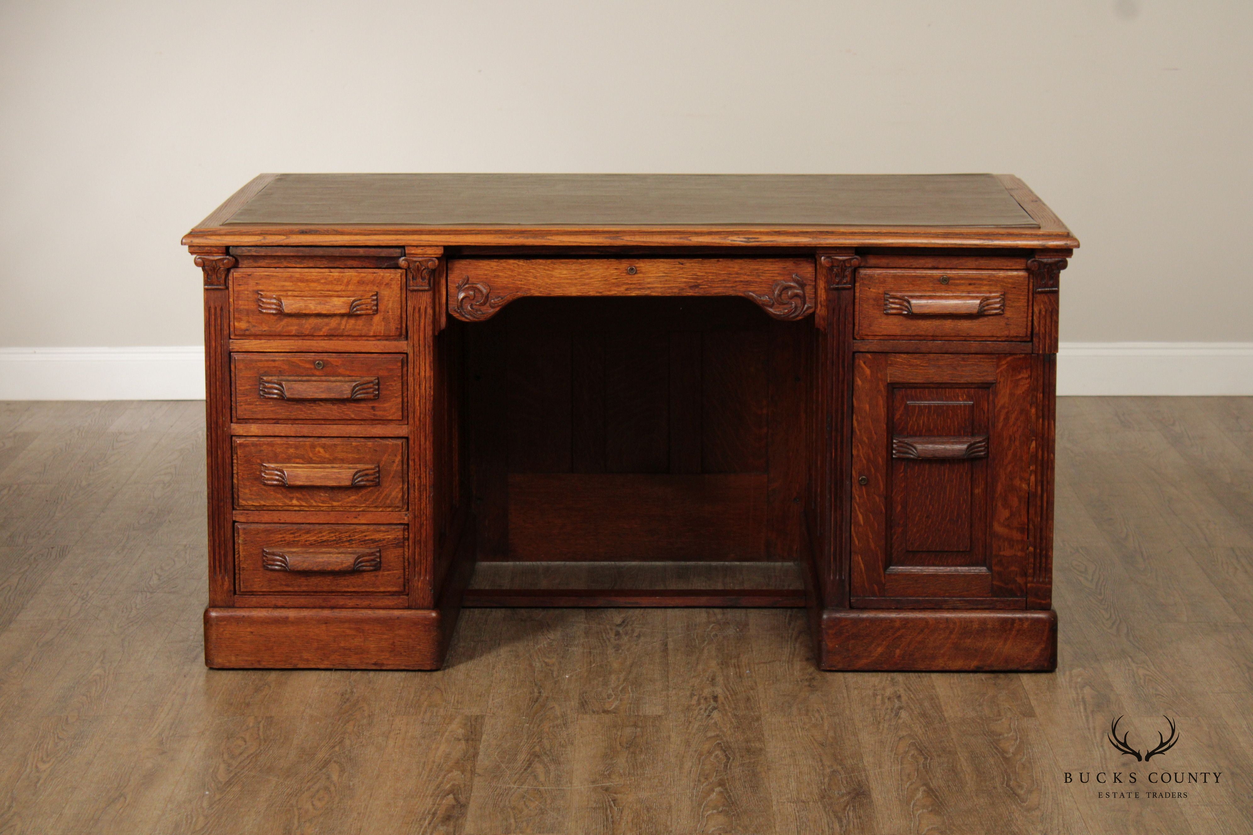 Antique Victorian Oak Wooten Style Executive Pedestal Desk