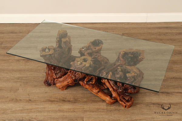 VINTAGE ROOT WOOD BASE GLASS TOP COFFEE TABLE