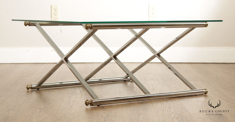 Contemporary Glass Top Chrome X-Base Cocktail Table