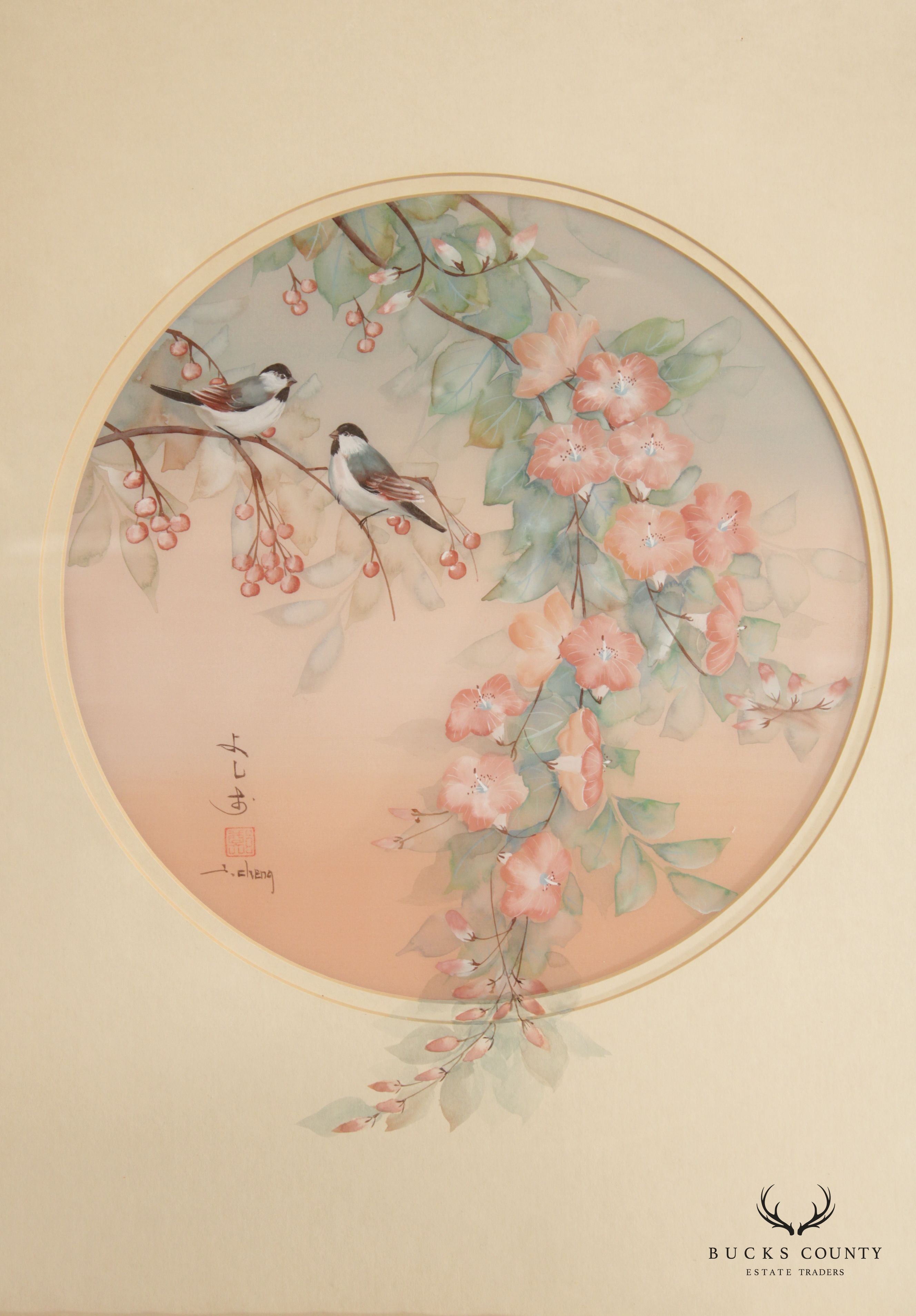 Chinese 20th C. Birds and Floral Silk Painting, Signed 'J. Cheng'