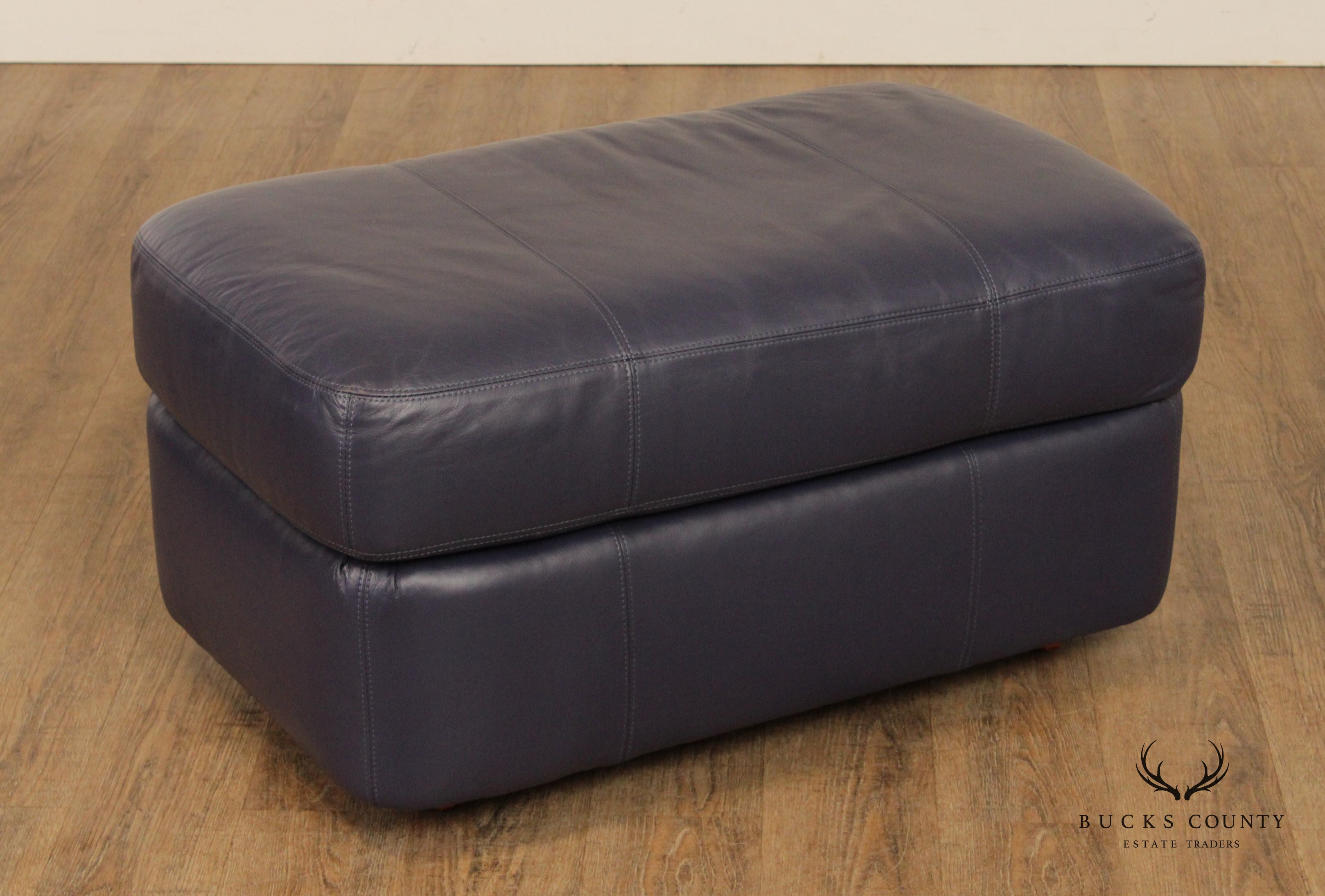 Henredon Vintage Pair of Blue Leather Ottomans