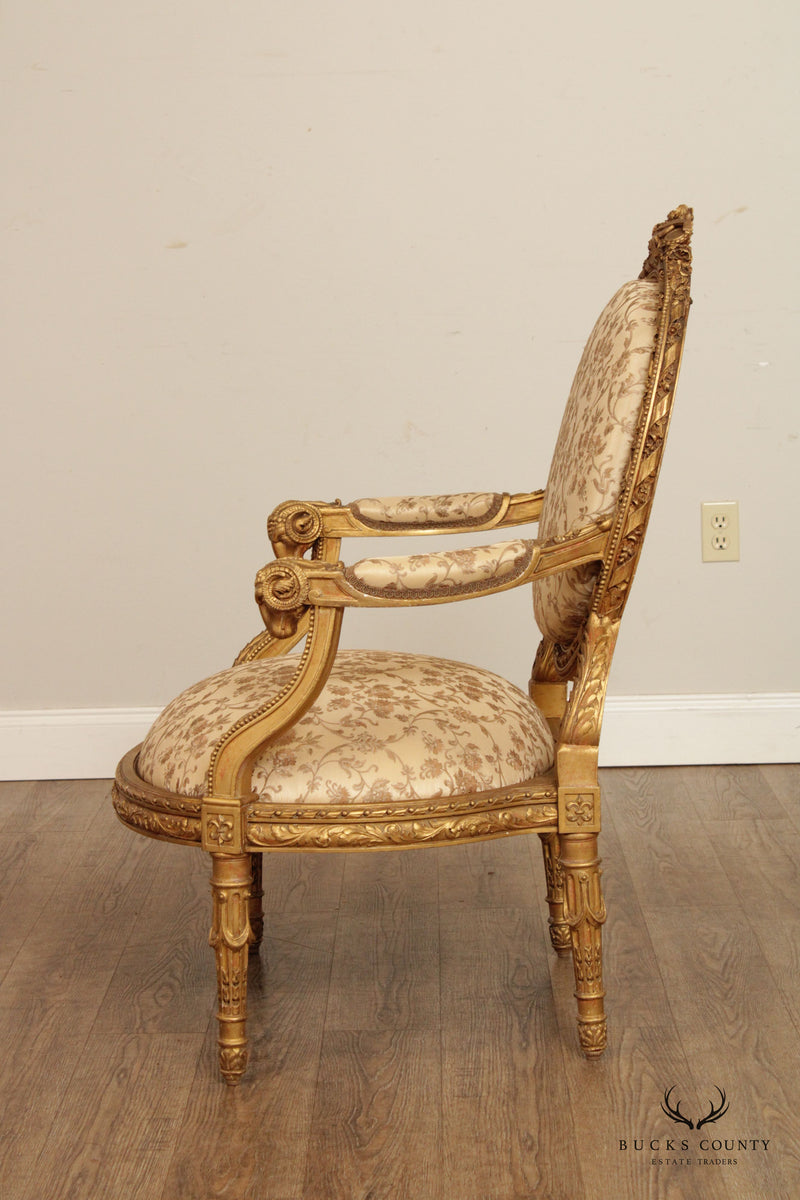 Antique French Louis XVI Style Carved Giltwood Fauteuil Armchair