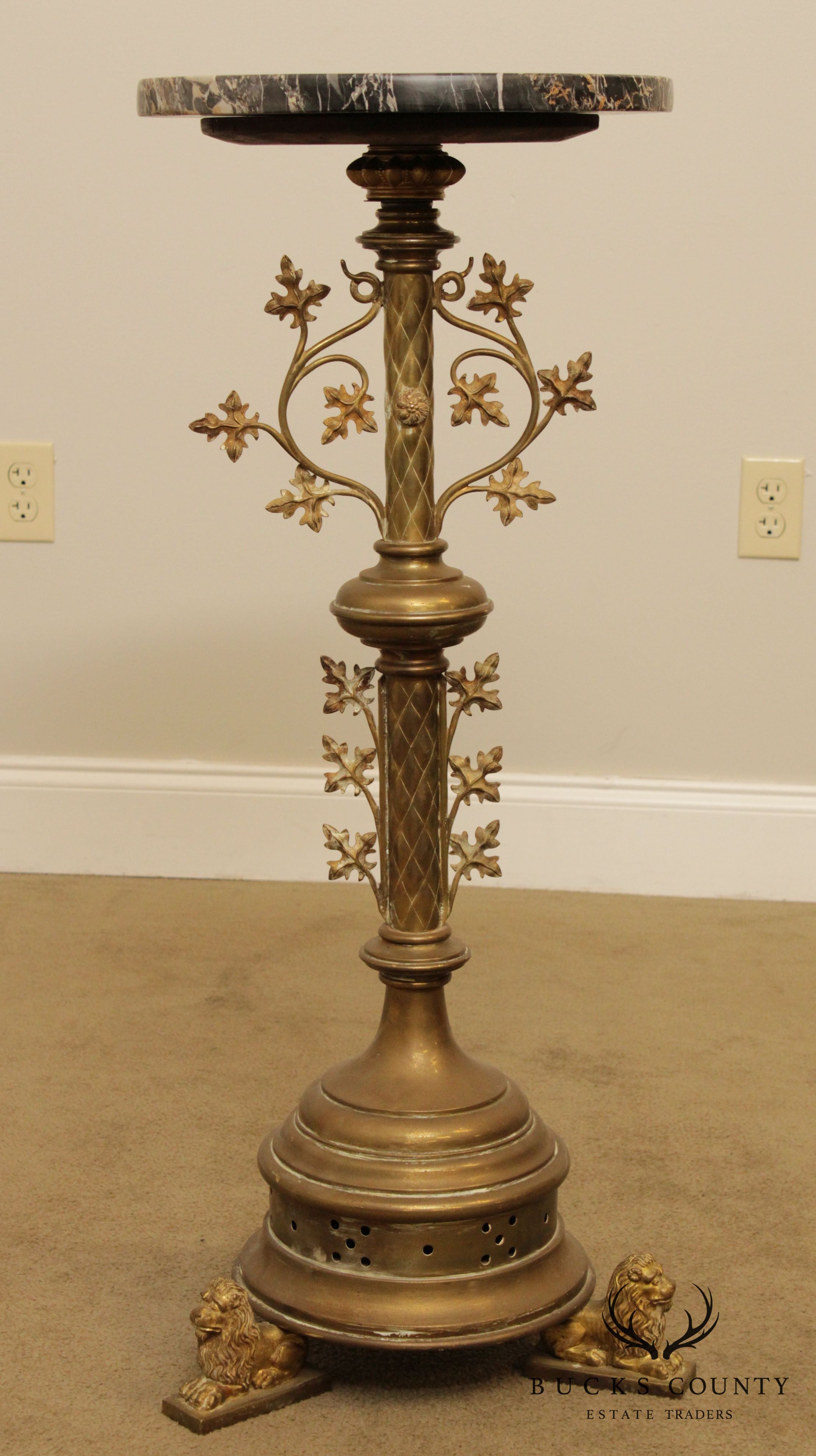 Italian Renaissance Style Antique Brass Marble Top Pedestal