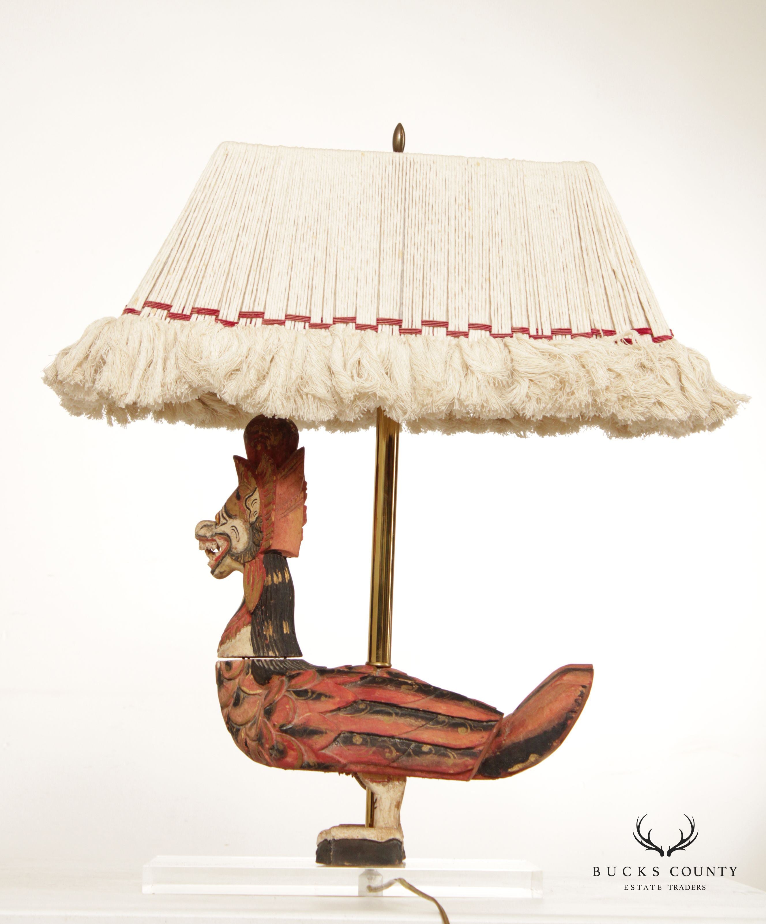 Balinese Wood Carved Crown Naga Duck Table Lamp with Shade