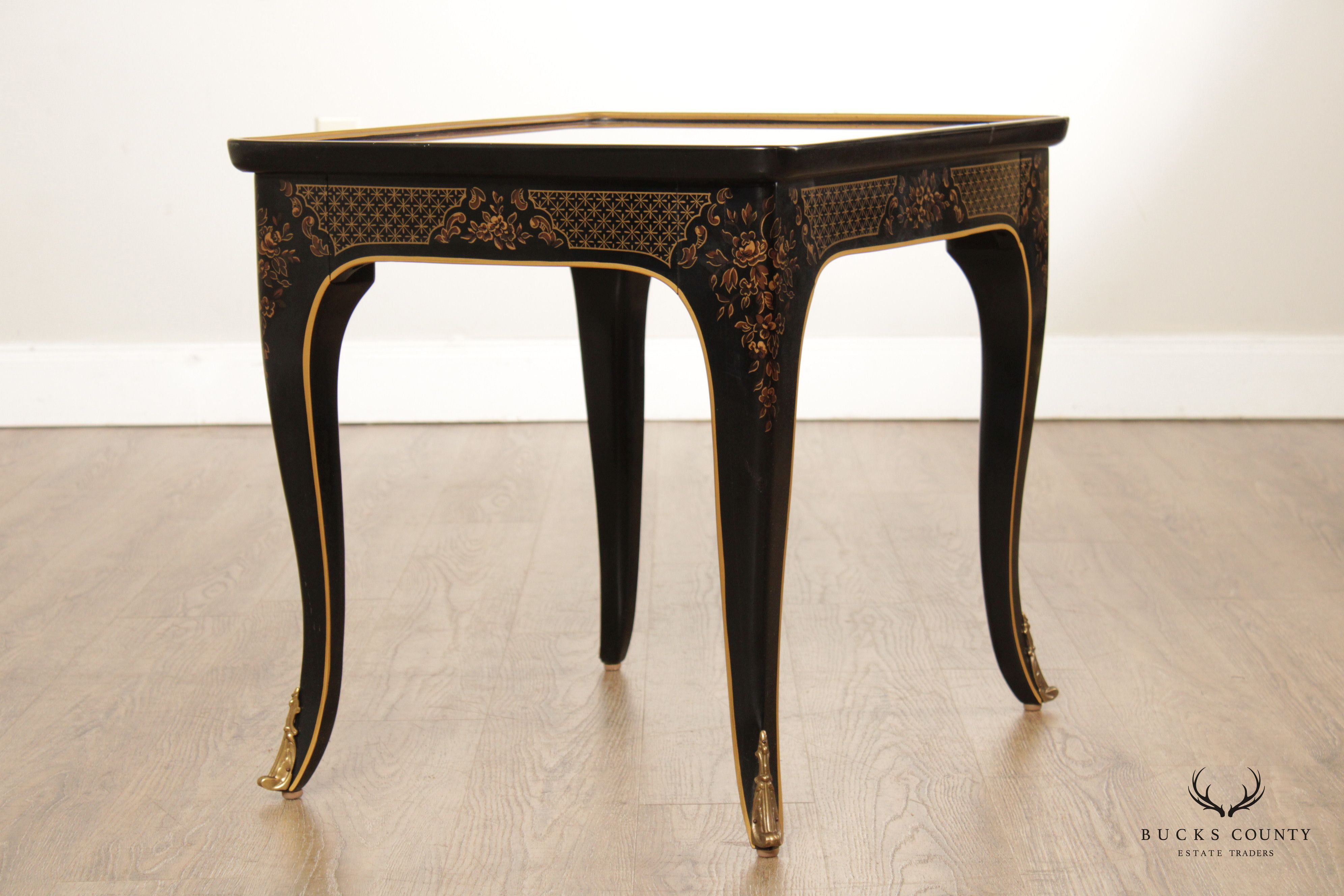 Drexel Et Cetera Chinoiserie Decorated Burlwood Glass Top Side Table