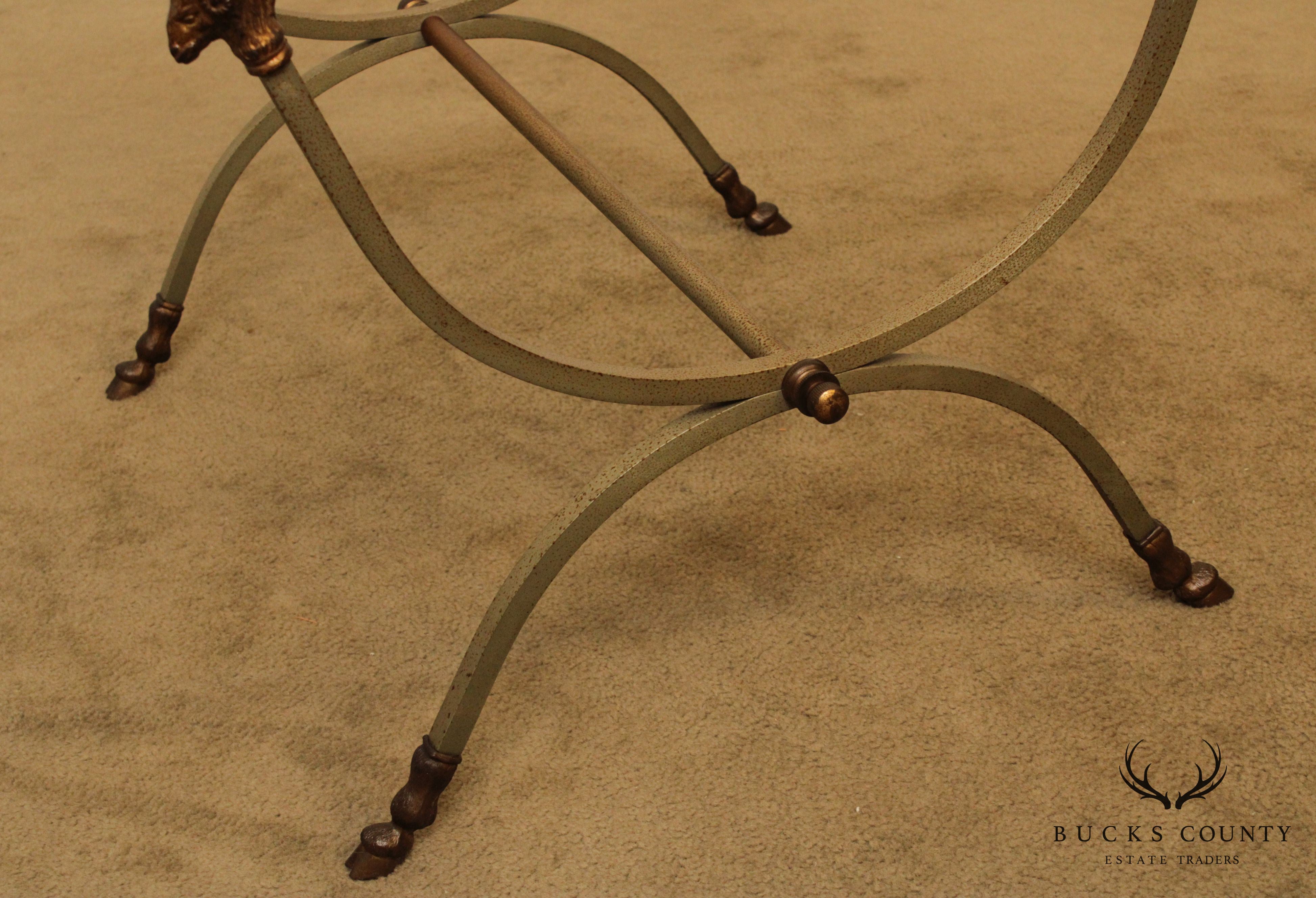 Directoire Style Vintage Steel, Brass Hoof Foot Glass Top Side Table