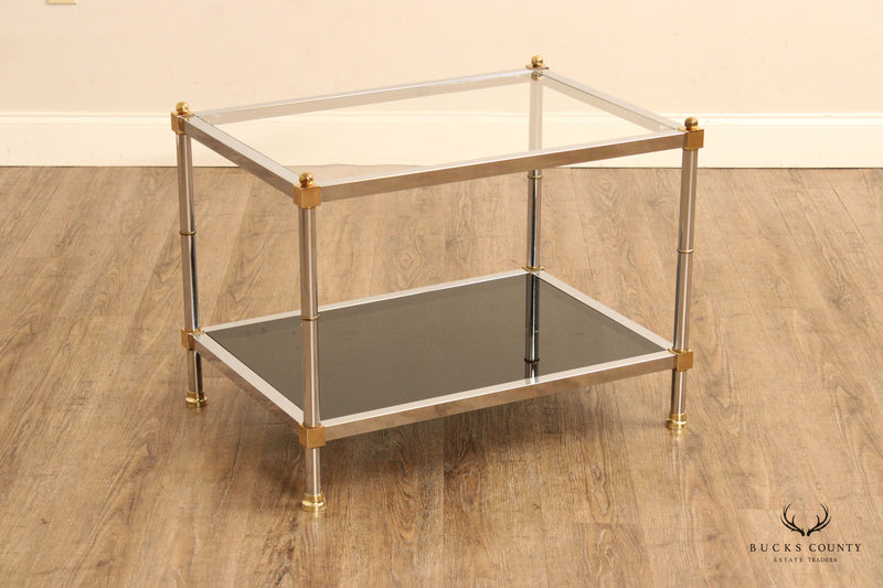 Hollywood Regency Style Pair Chrome Brass and Glass End Tables