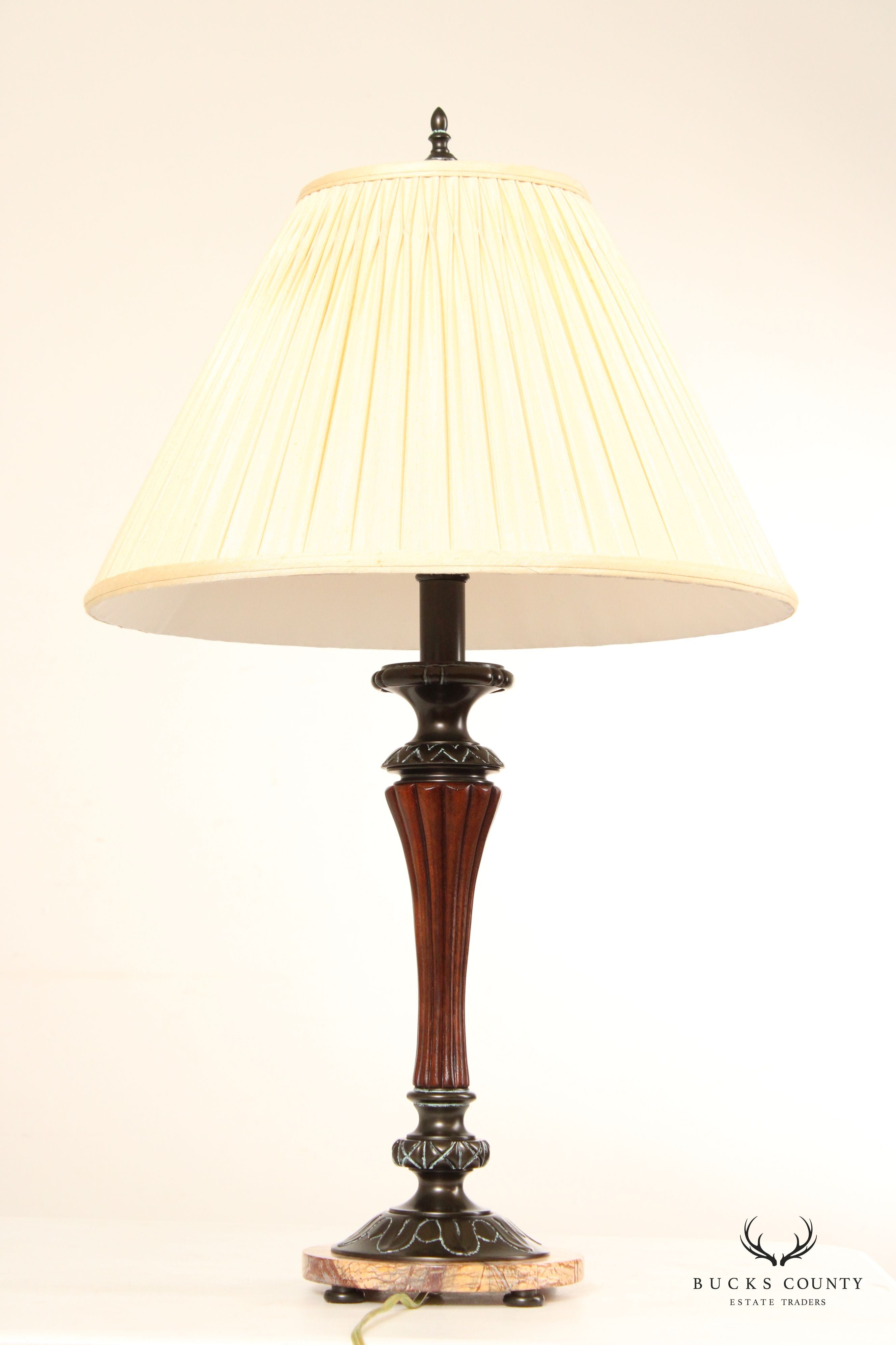 Traditional Bronze, Wood and Marble Candlestick Table Lamp