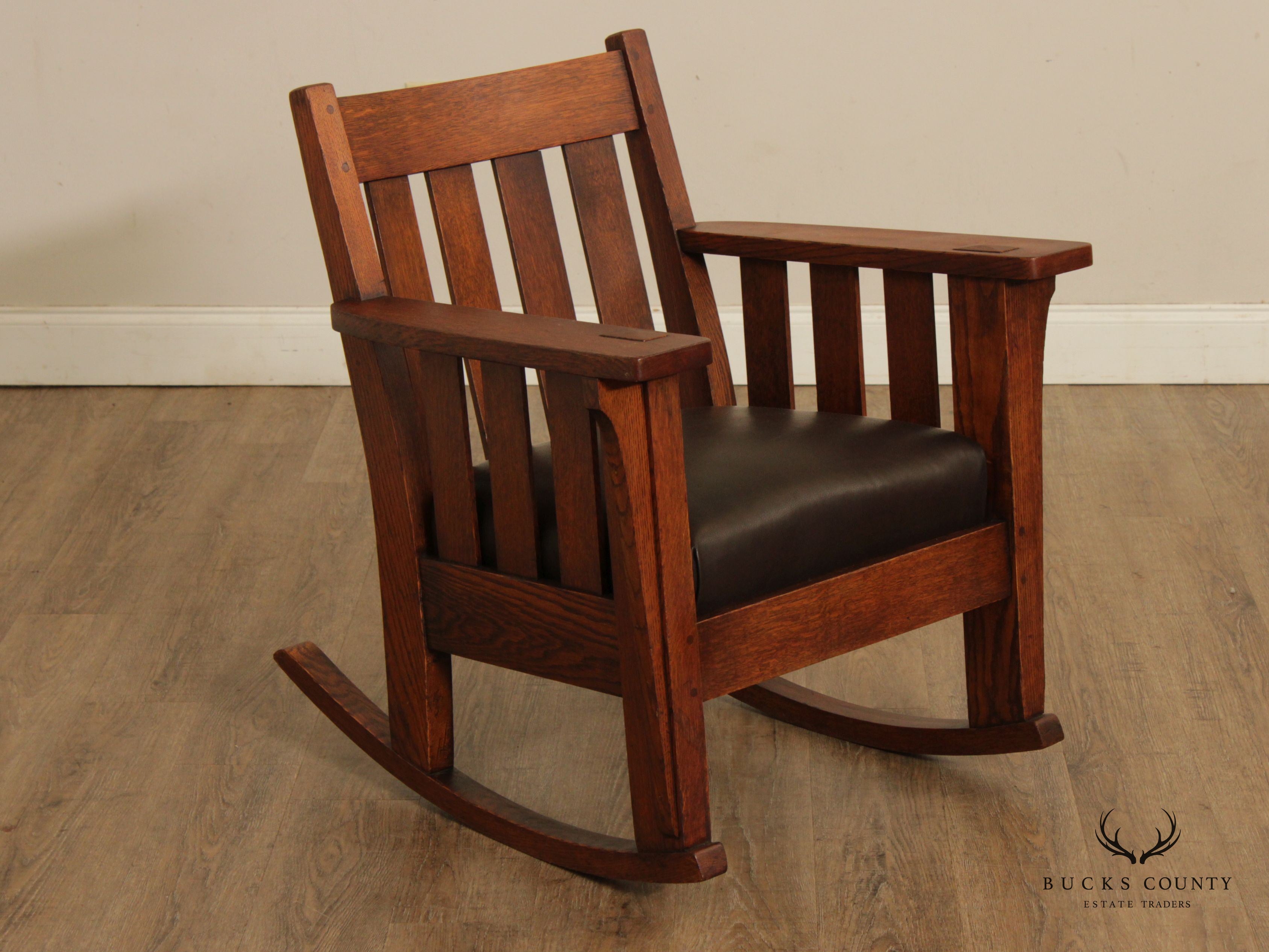 Harden Antique Mission Oak And Leather Pair Of Rockers