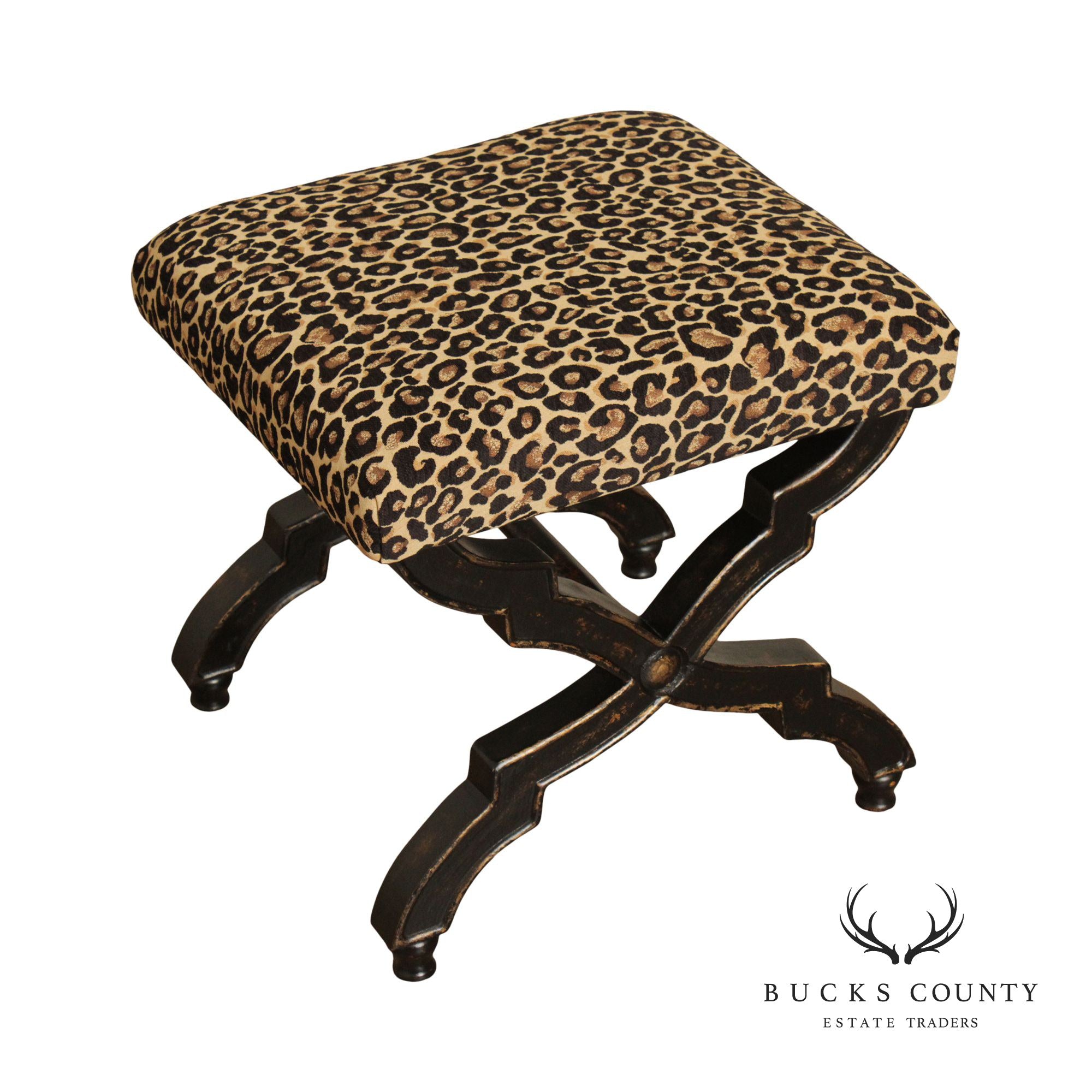 Regency Style Painted X-Frame Leopard Upholstered Ottoman Footstool