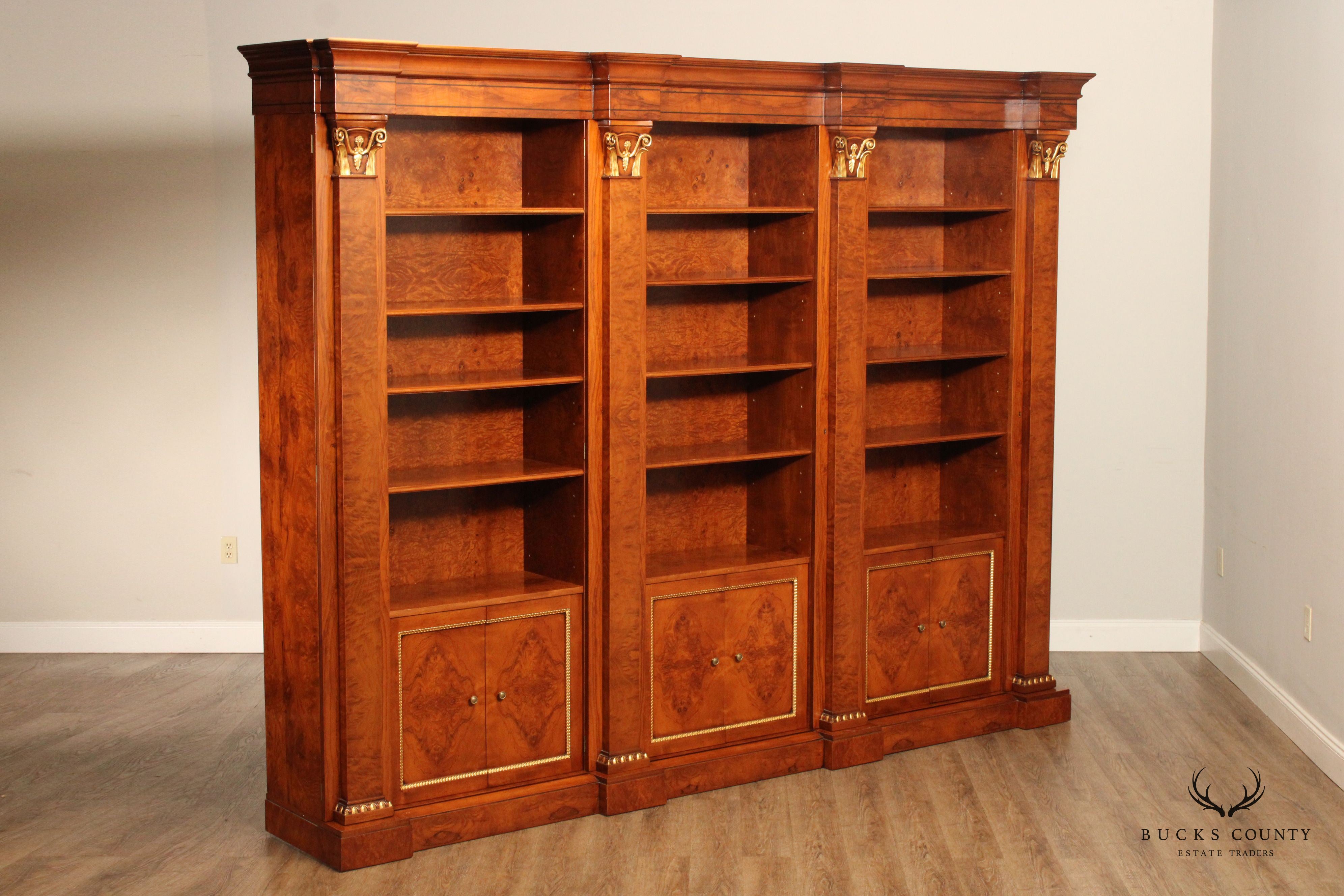 Francesco Molon Italian Neoclassical Style Burlwood Triple Bookcase