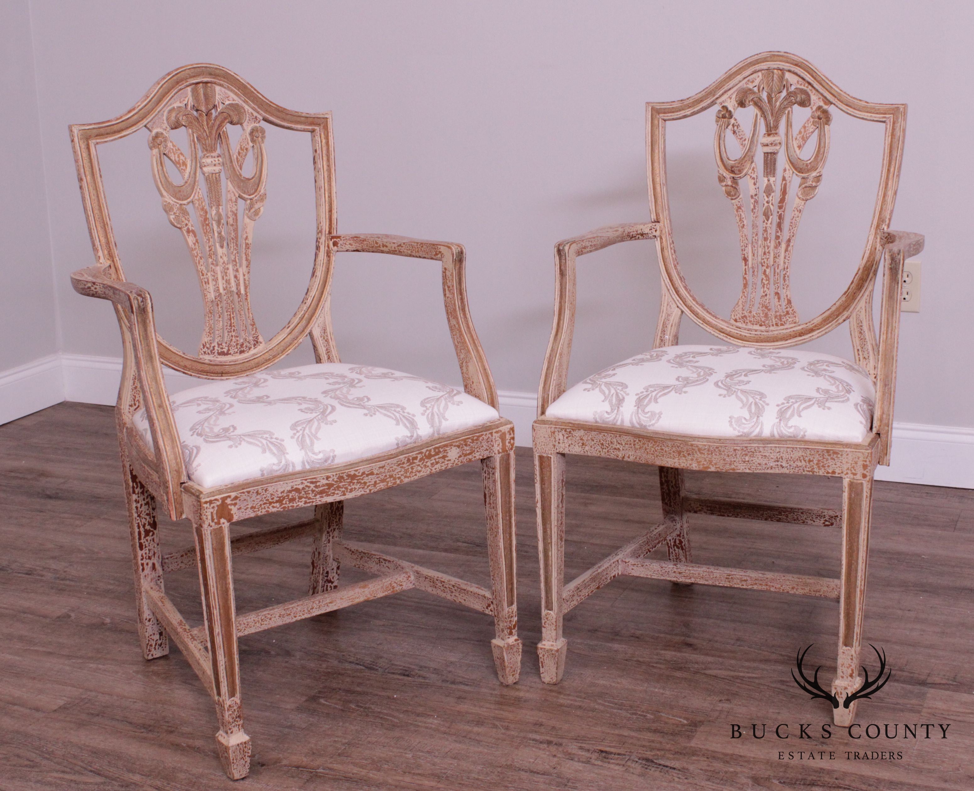 Hepplewhite Style Set 6 Crackle Painted Dining Chairs