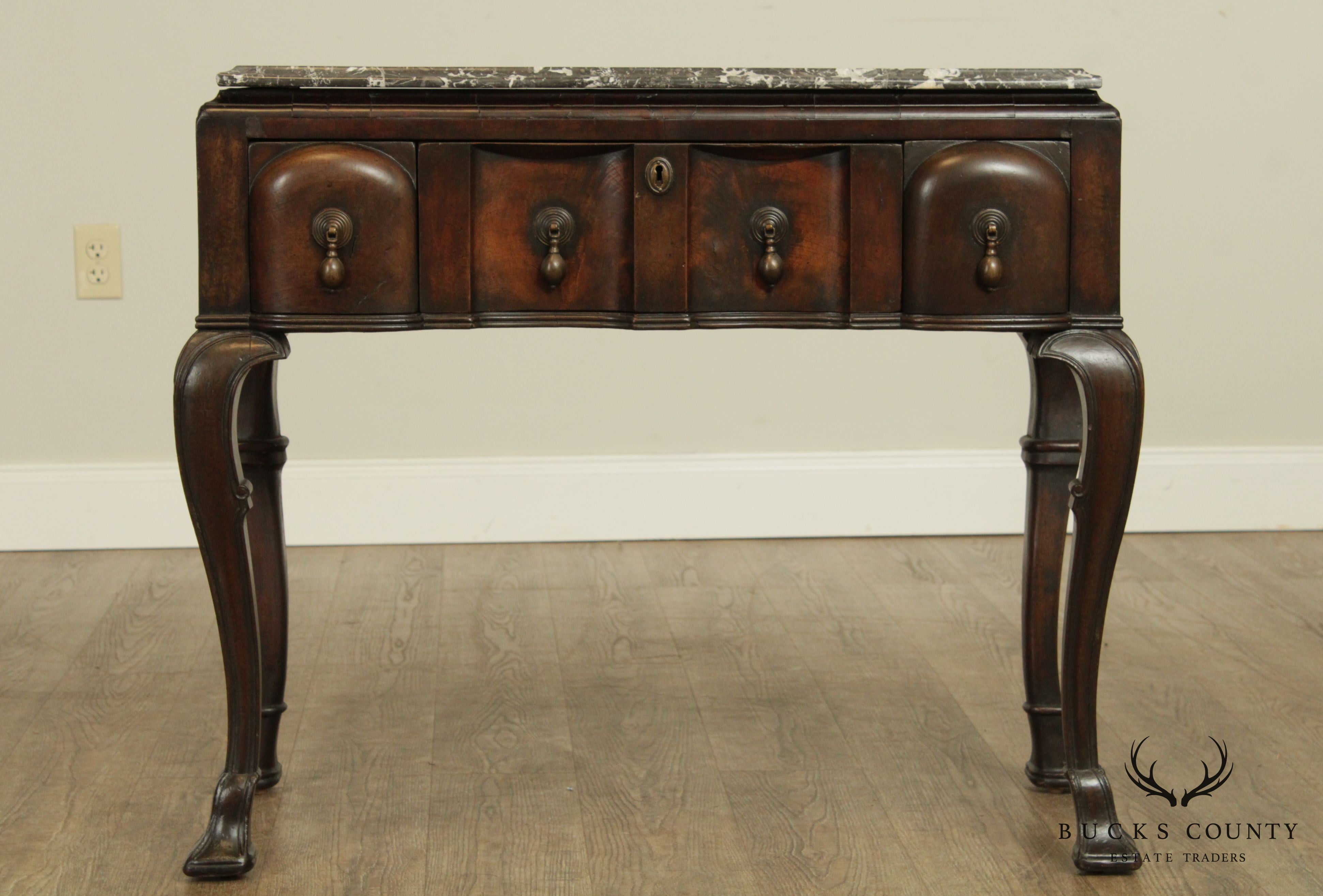 18th Century Antique English Walnut Jacobean Marble Top Console, Lowboy