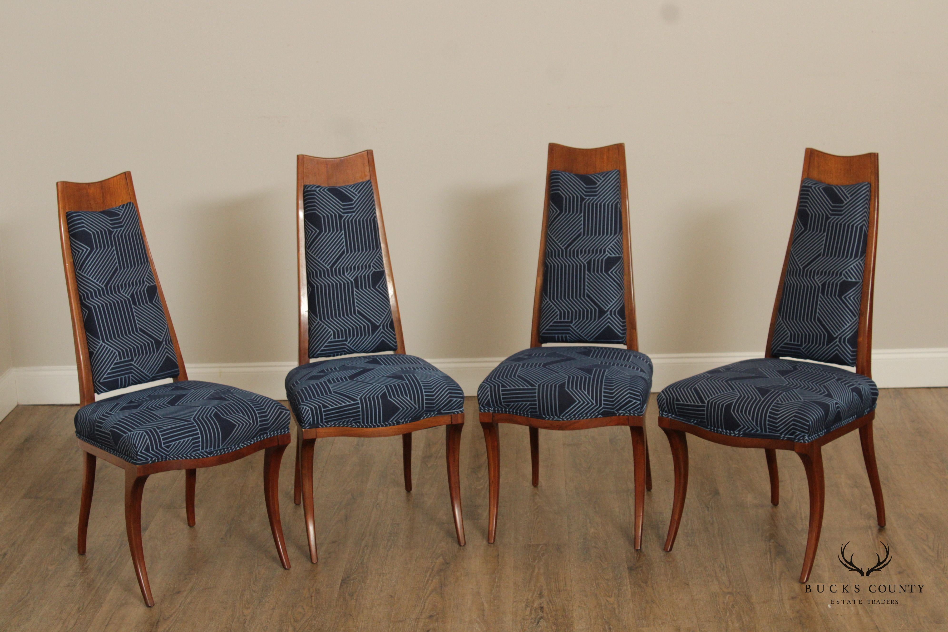 Klismos Style Mid Century Set Of Four Walnut Frame High Back Dining Chairs