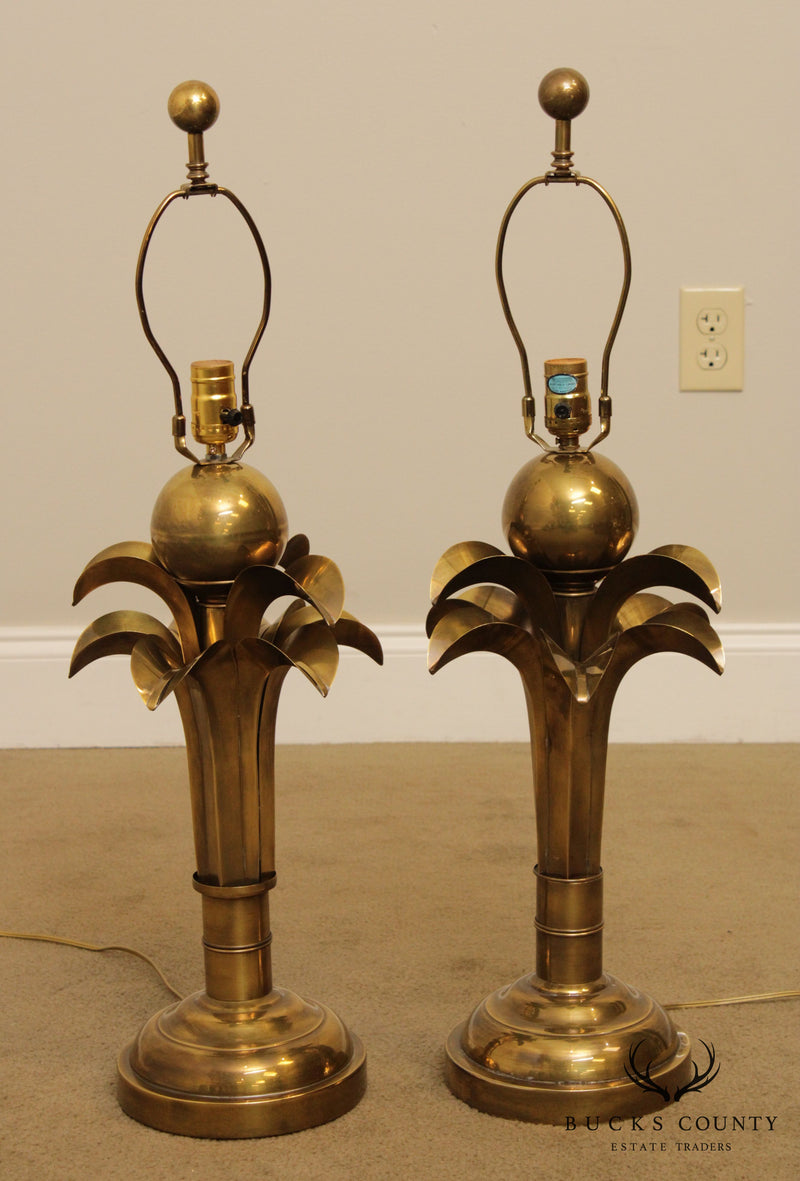 Hart Associates Hollywood Regency Pair Brass Palm Leaf Lamps