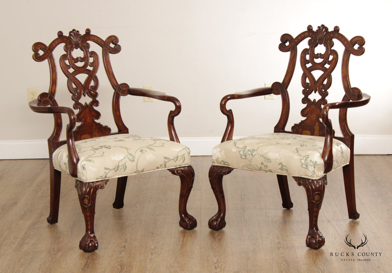Portuguese Chippendale Style Ornate Carved Painted Pair Armchairs