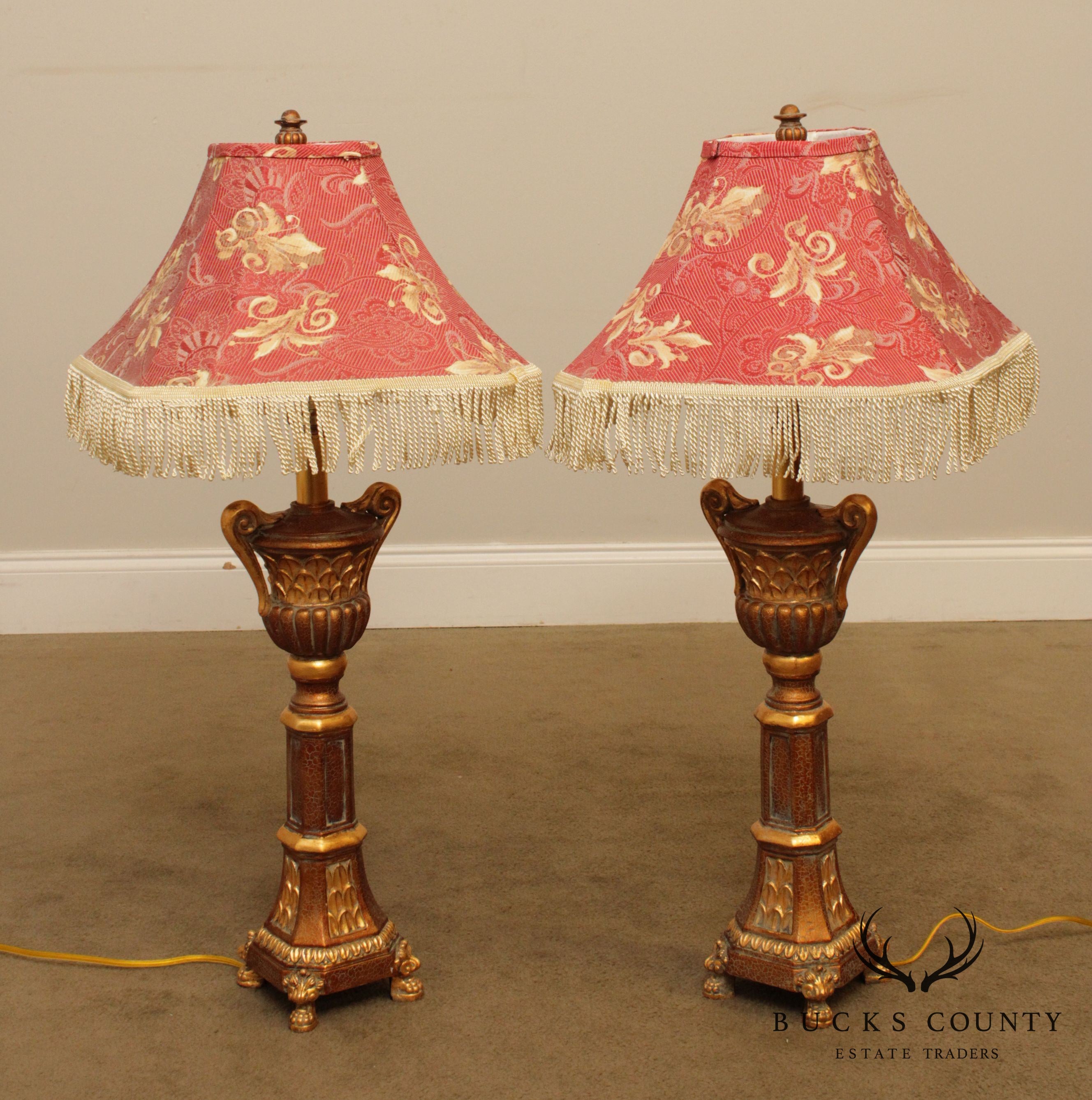 Gold Pair Urn Form Table Lamps with Shades