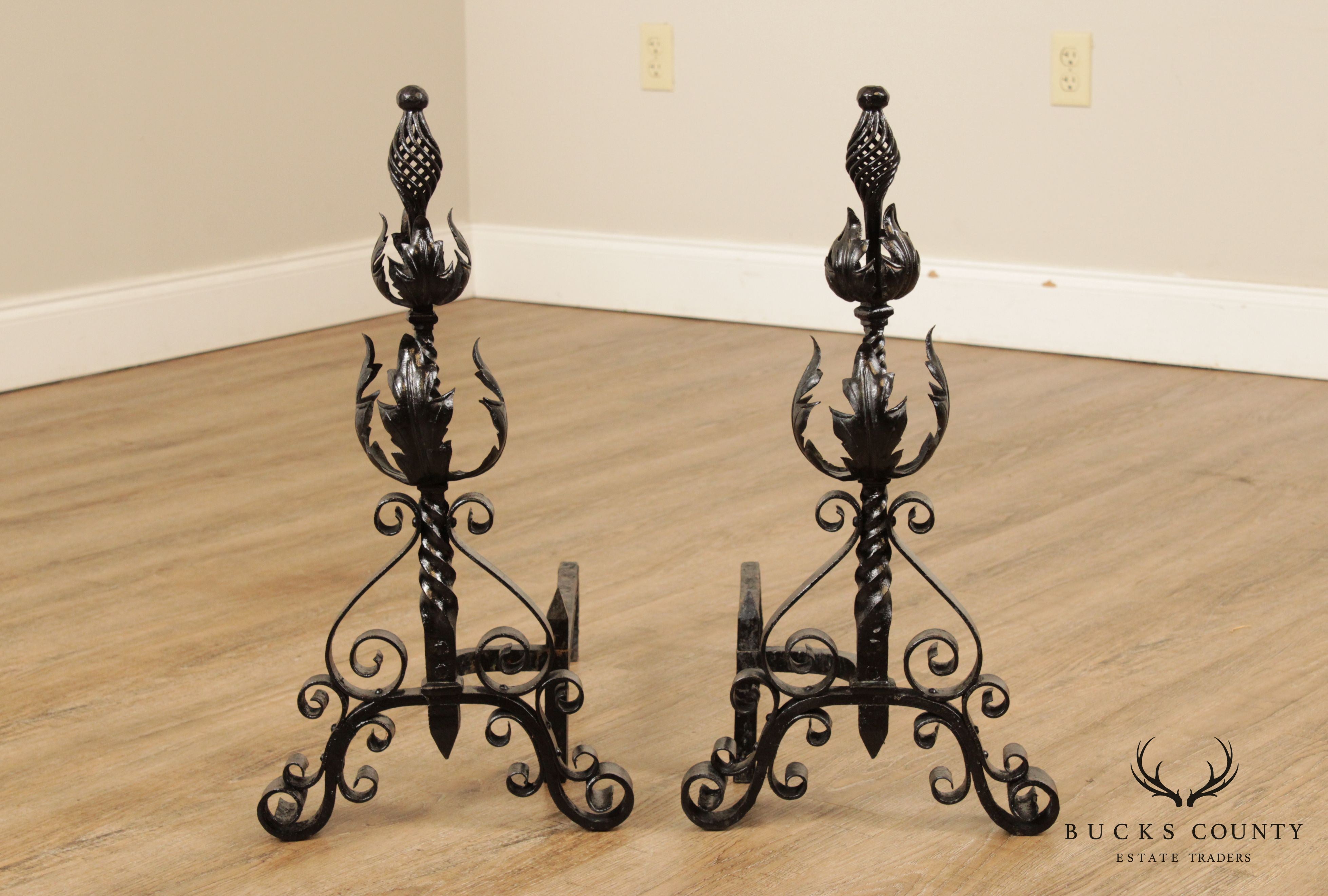 Quality Vintage Pair Wrought Iron Andirons