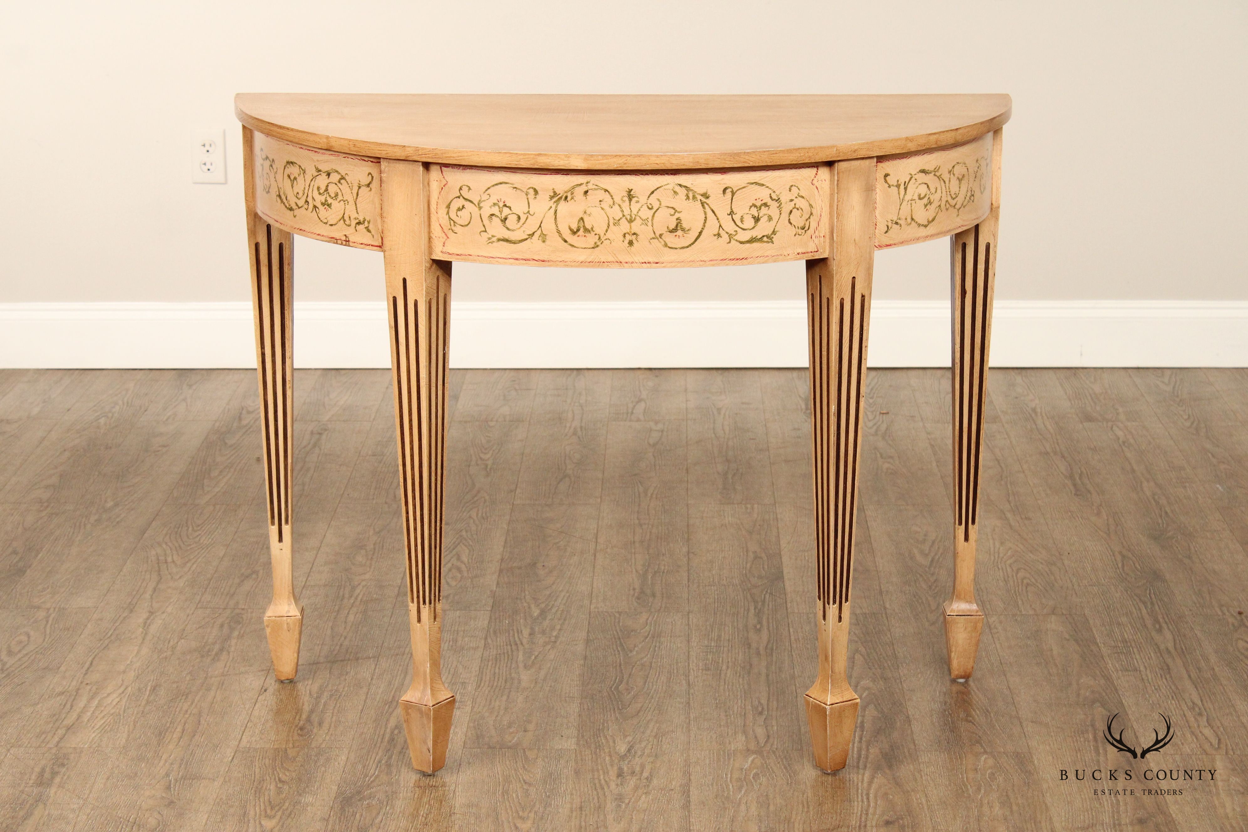 Adam Style Pair of Paint Decorated Demilune Console Tables