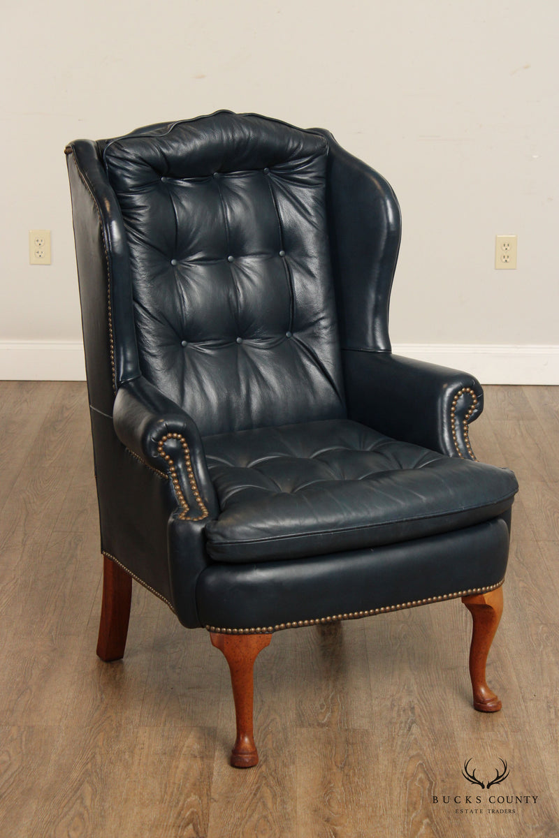 Classic Leather Vintage Queen Anne Style Pair Tufted Blue Leather Wing Chairs