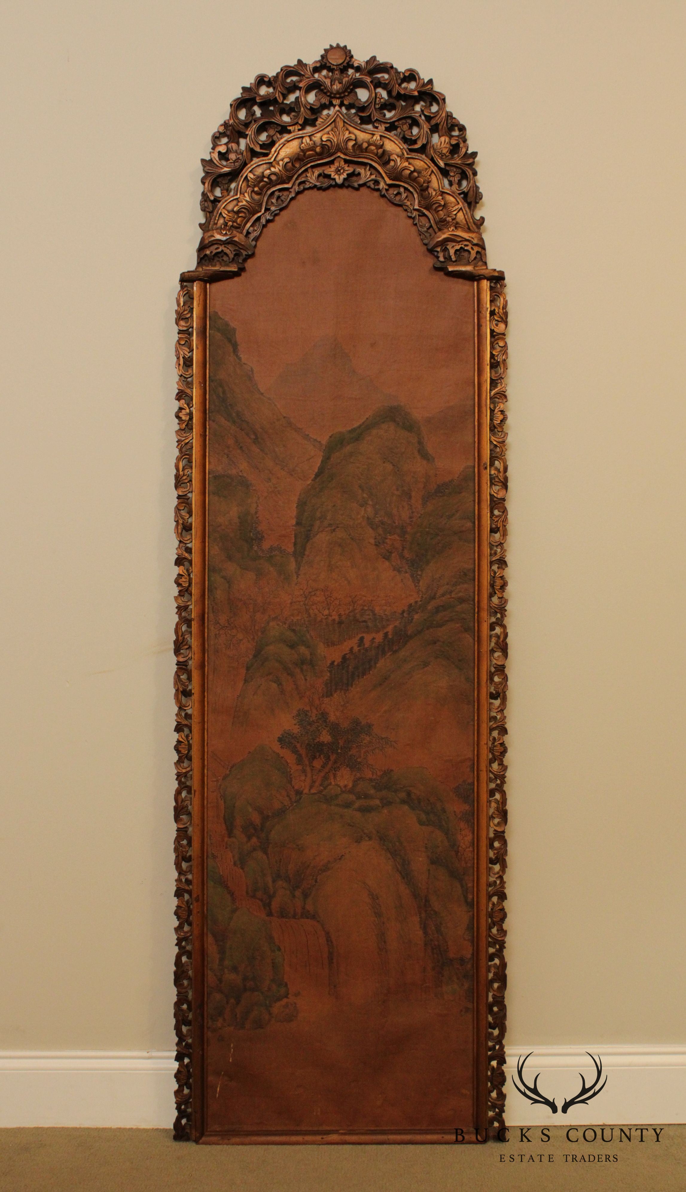 Antique Asian Pair Tall Carved Frame Paintings