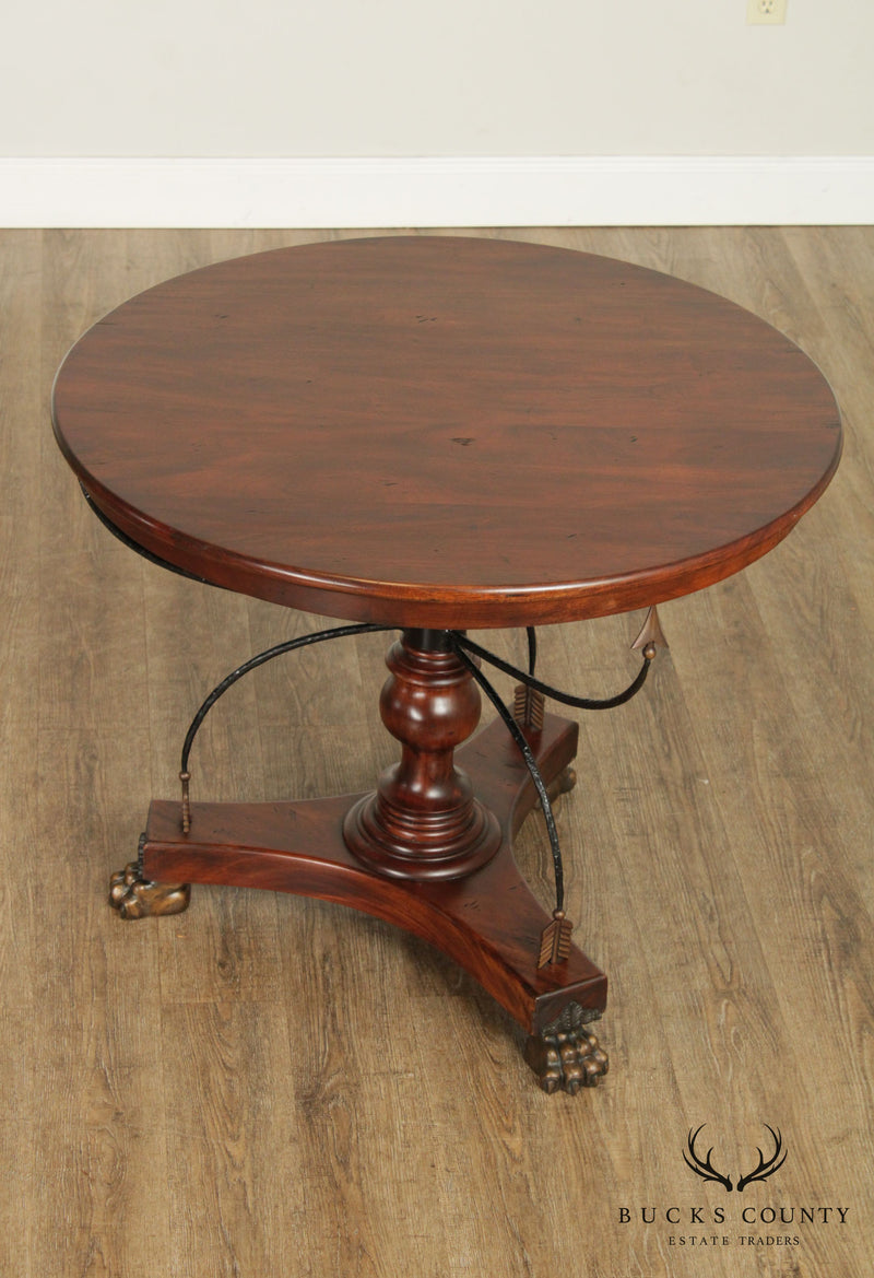 Neoclassical Style Round Solid Mahogany Center Table with Crossed Arrows, Bronze Claw Feet